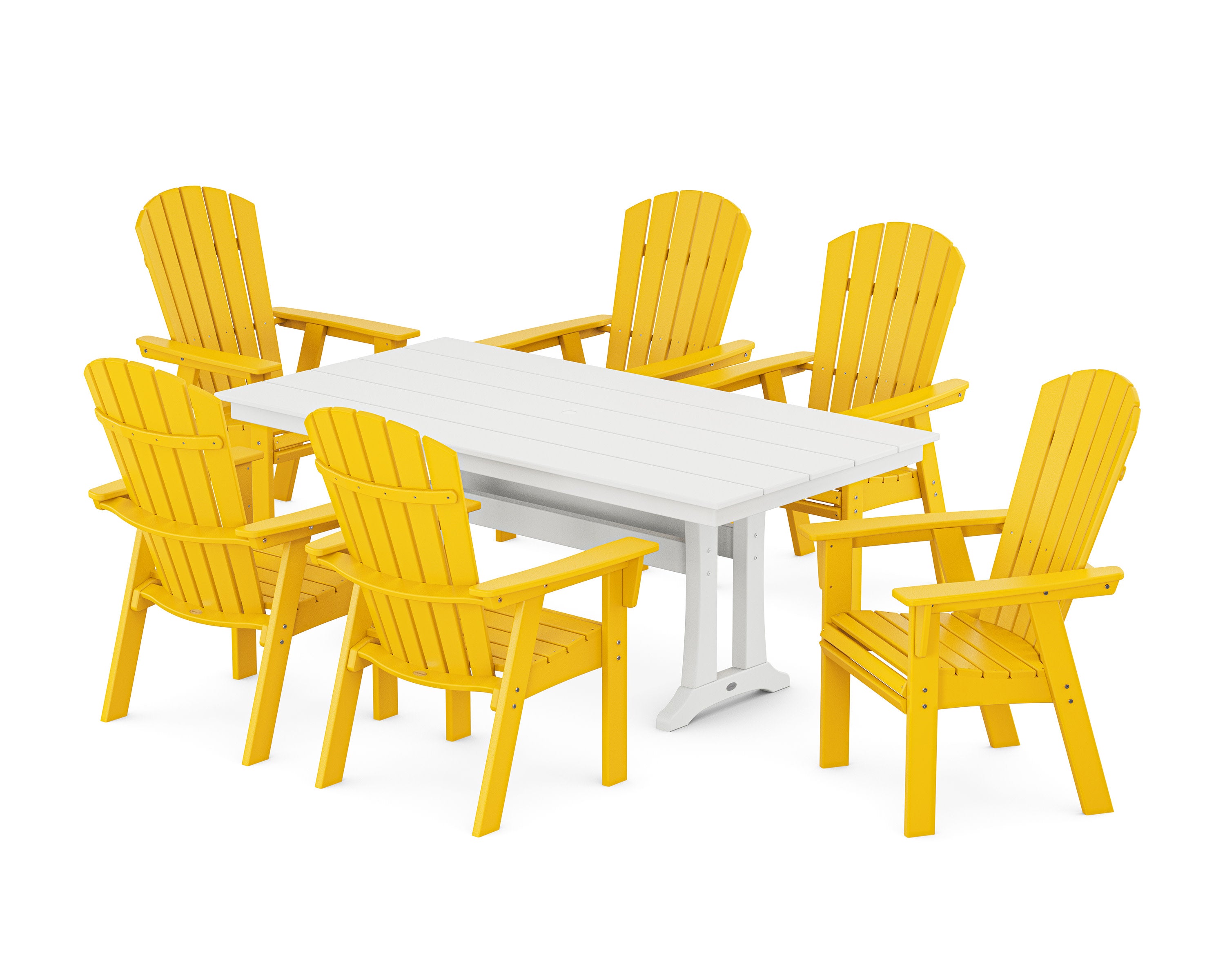 Nautical Curveback Adirondack 7-Piece Farmhouse Dining Set with Trestle Legs in Lemon / White