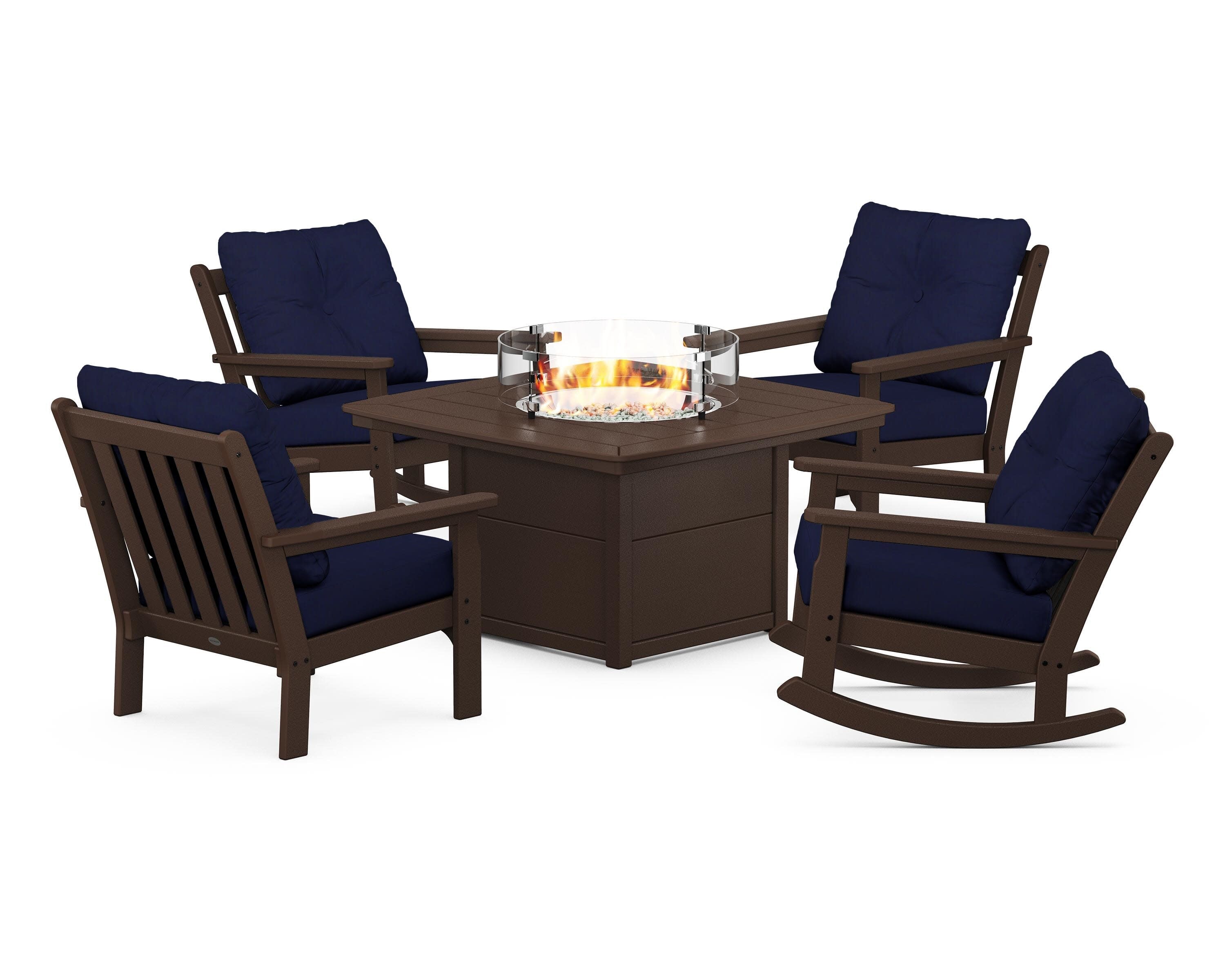 Vineyard 5-Piece Deep Seating Rocking Chair Conversation Set with Fire Pit Table in Mahogany / Navy