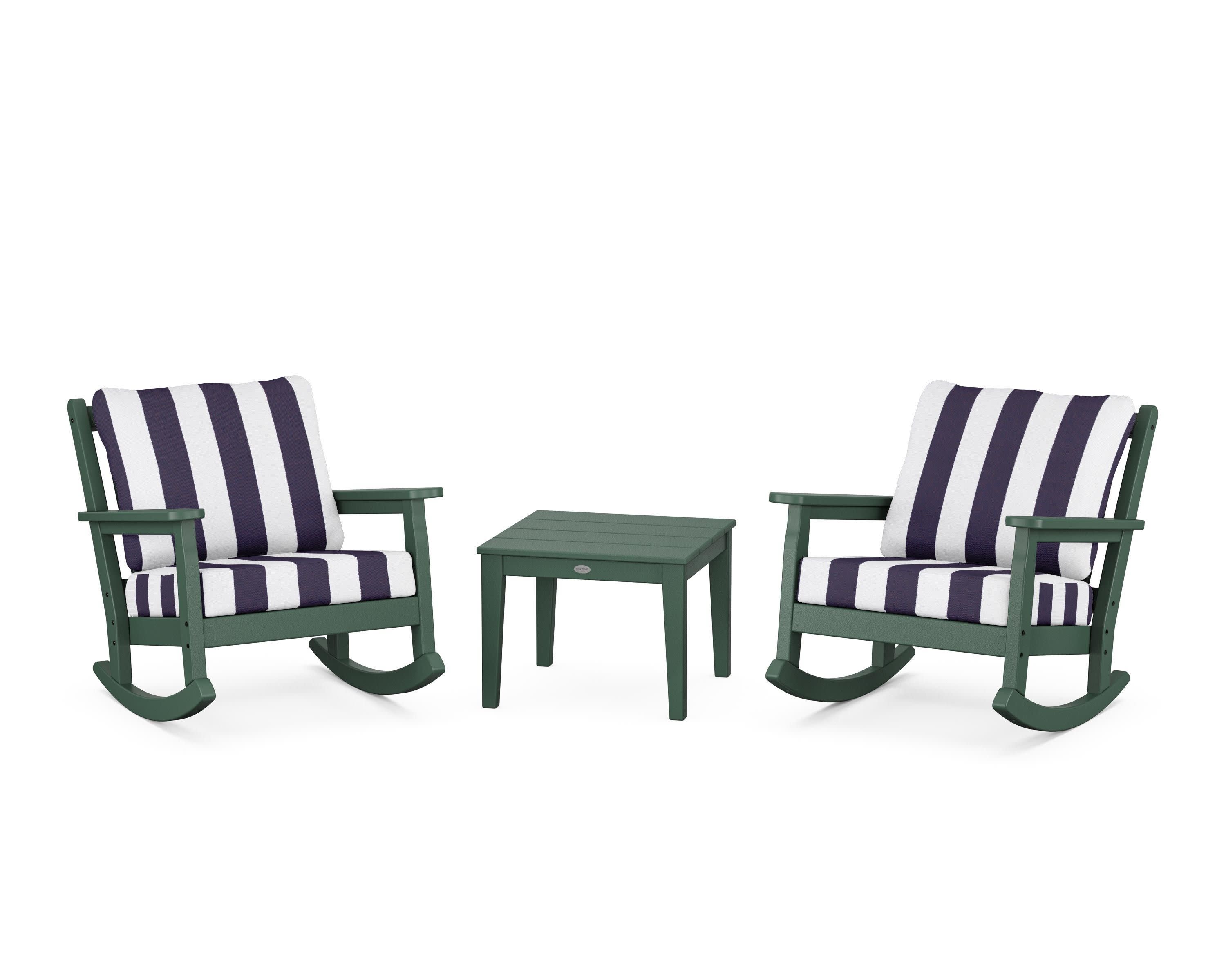 Chippendale 3-Piece Deep Seating Rocker Set in Green / Cabana Stripe Navy
