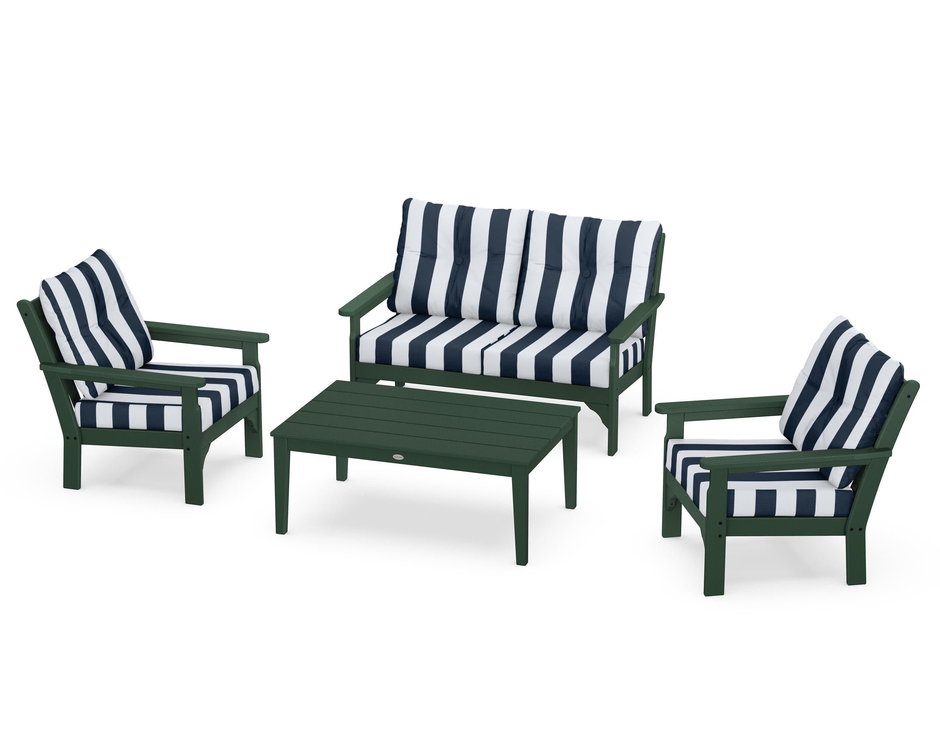 Vineyard 4-Piece Deep Seating Set in Green / Cabana Stripe Marine Indigo