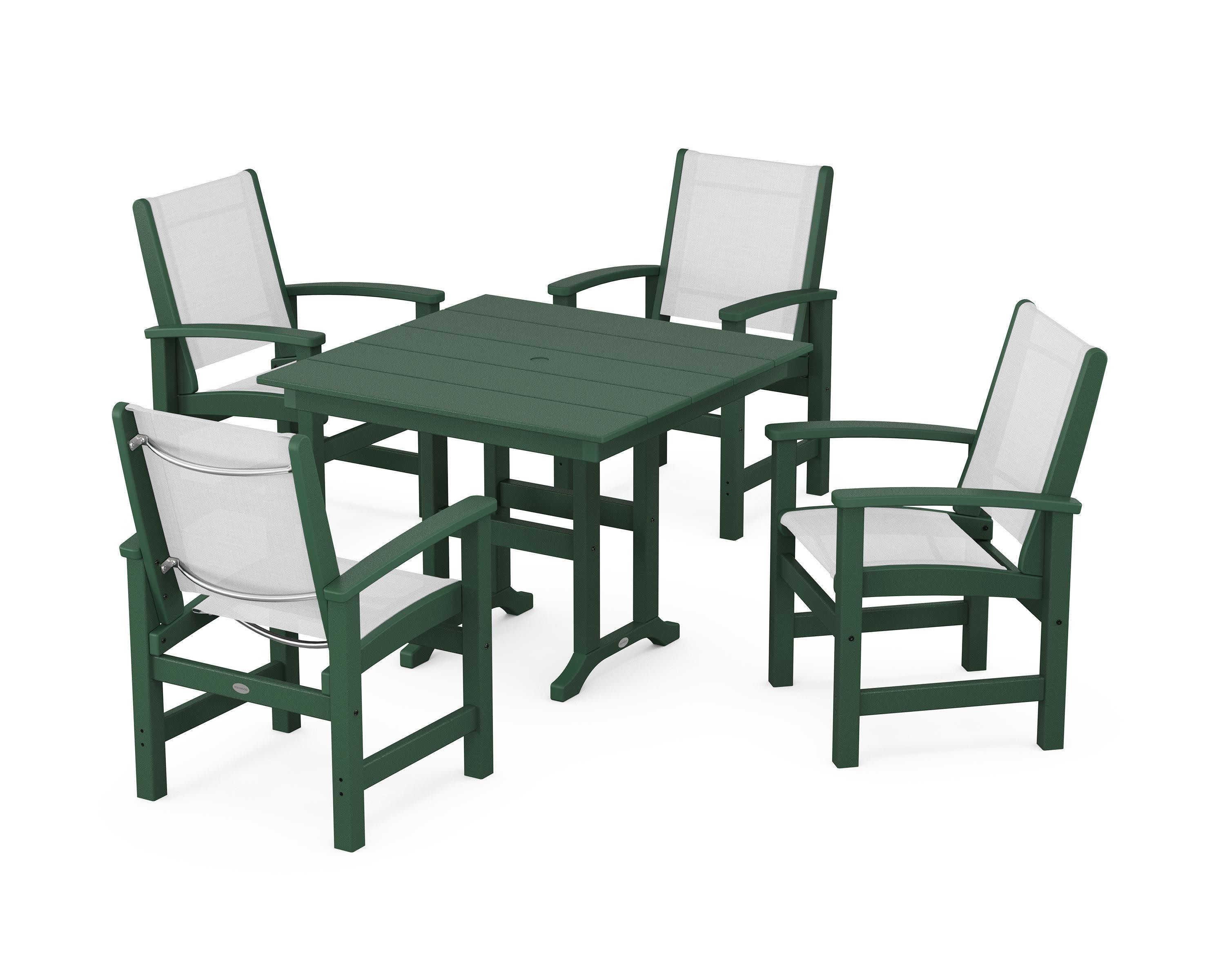 Coastal 5-Piece Farmhouse Dining Set in Green / White Sling
