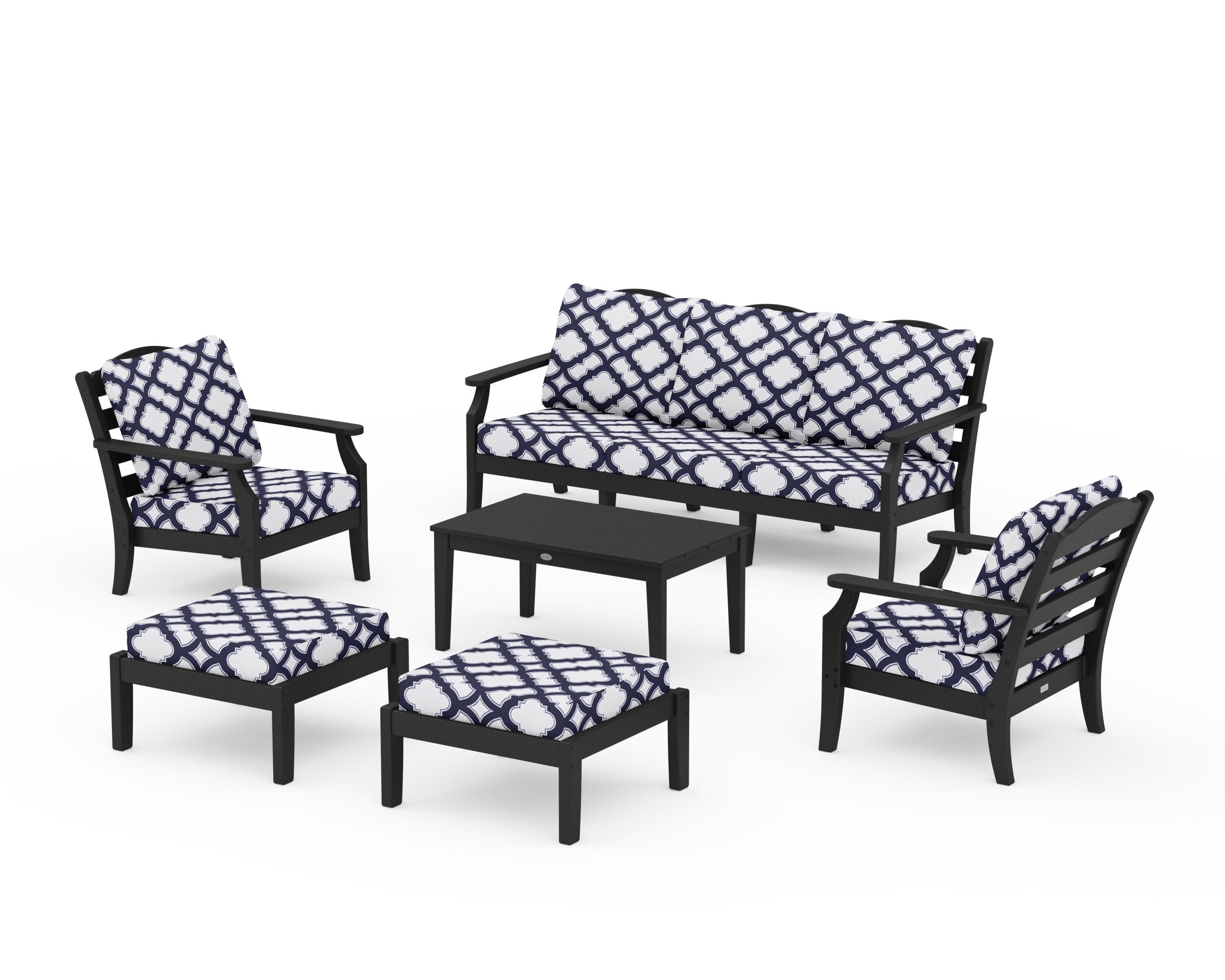 Savannah 6-Piece Lounge Sofa Set in Black / Trellis Navy