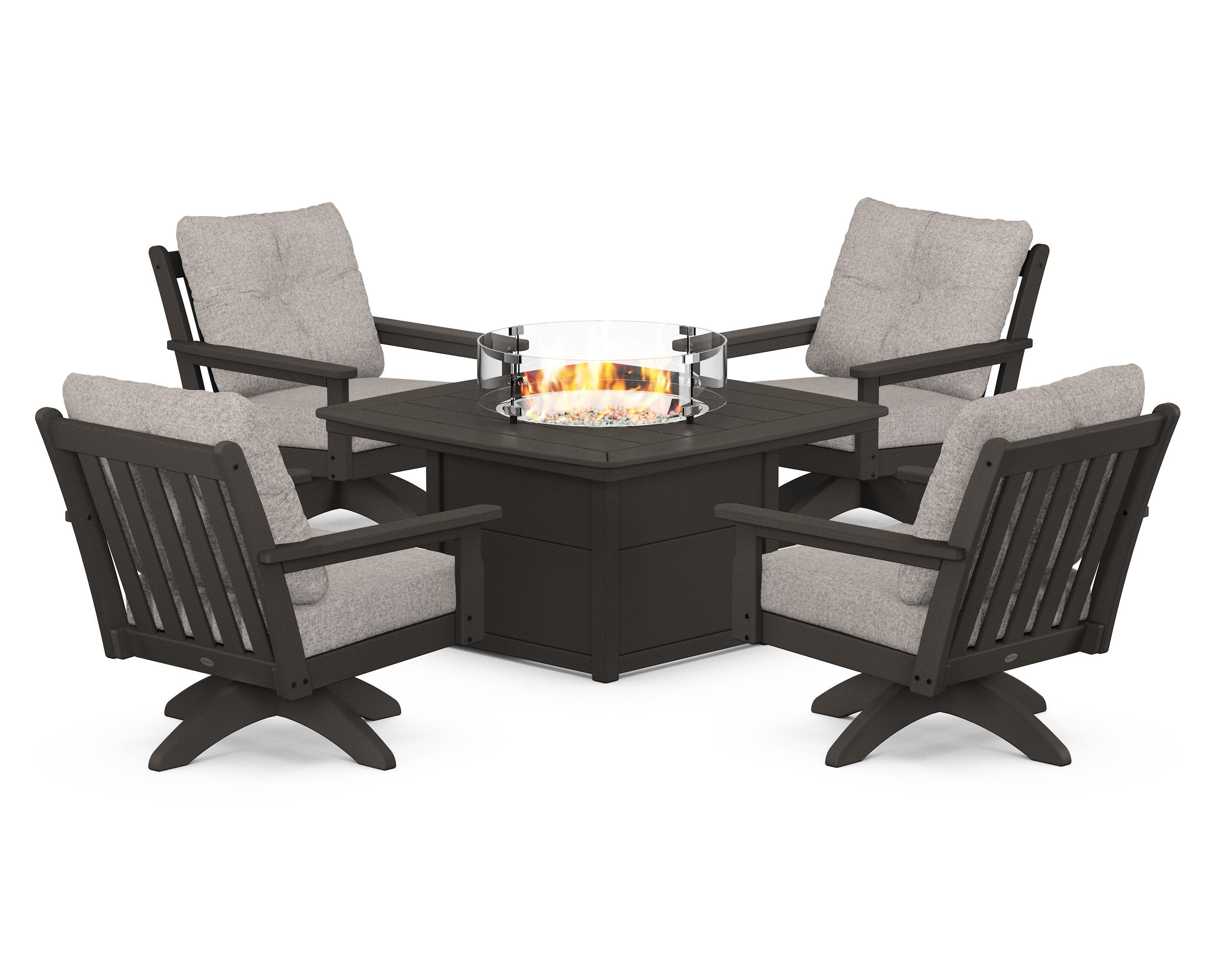 Vineyard 5-Piece Deep Seating Swivel Conversation Set with Fire Pit Table in Vintage Coffee / Weathered Tweed