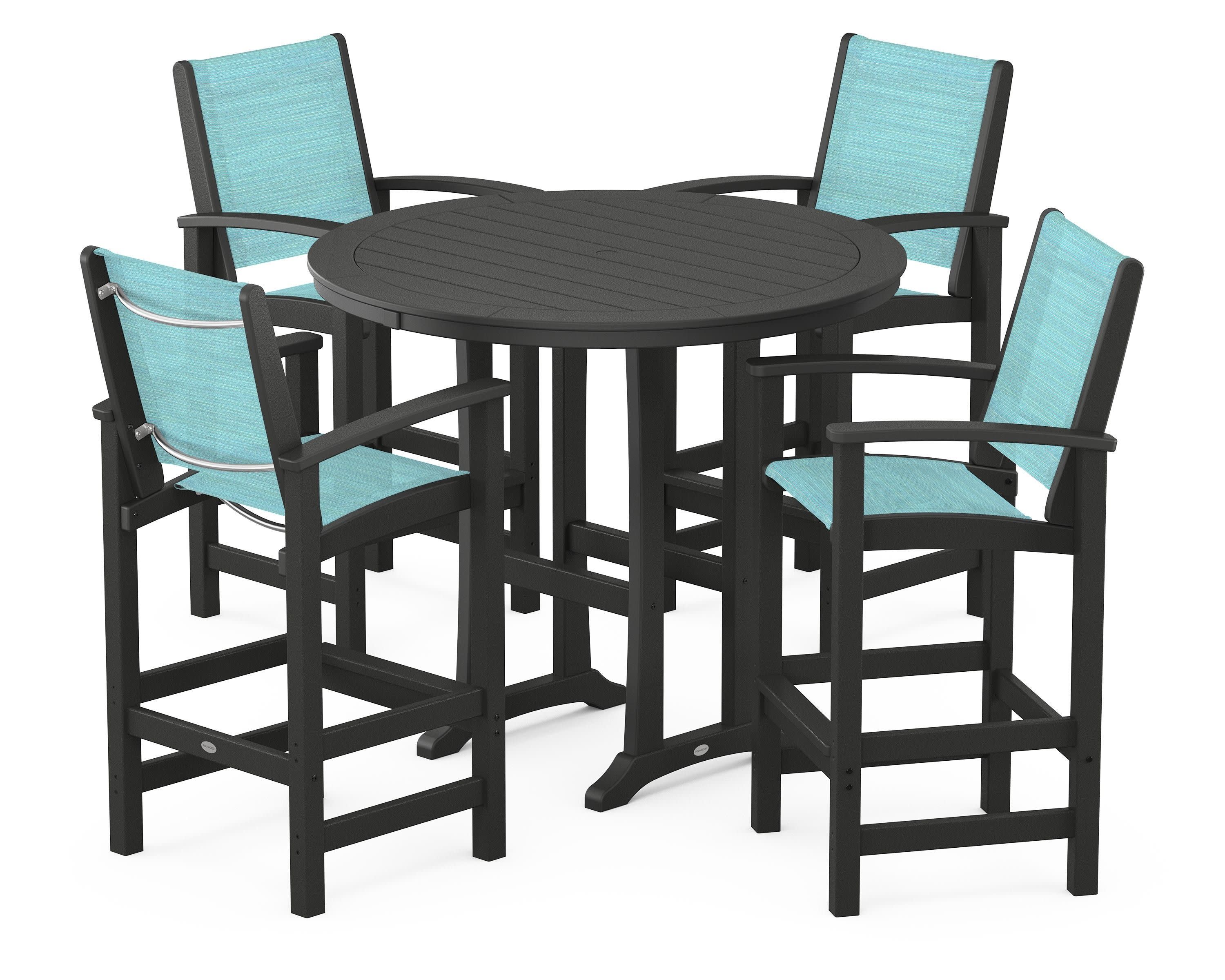 Coastal 5-Piece Nautical Trestle Bar Set in Black / Dupioni Aquamarine Sling