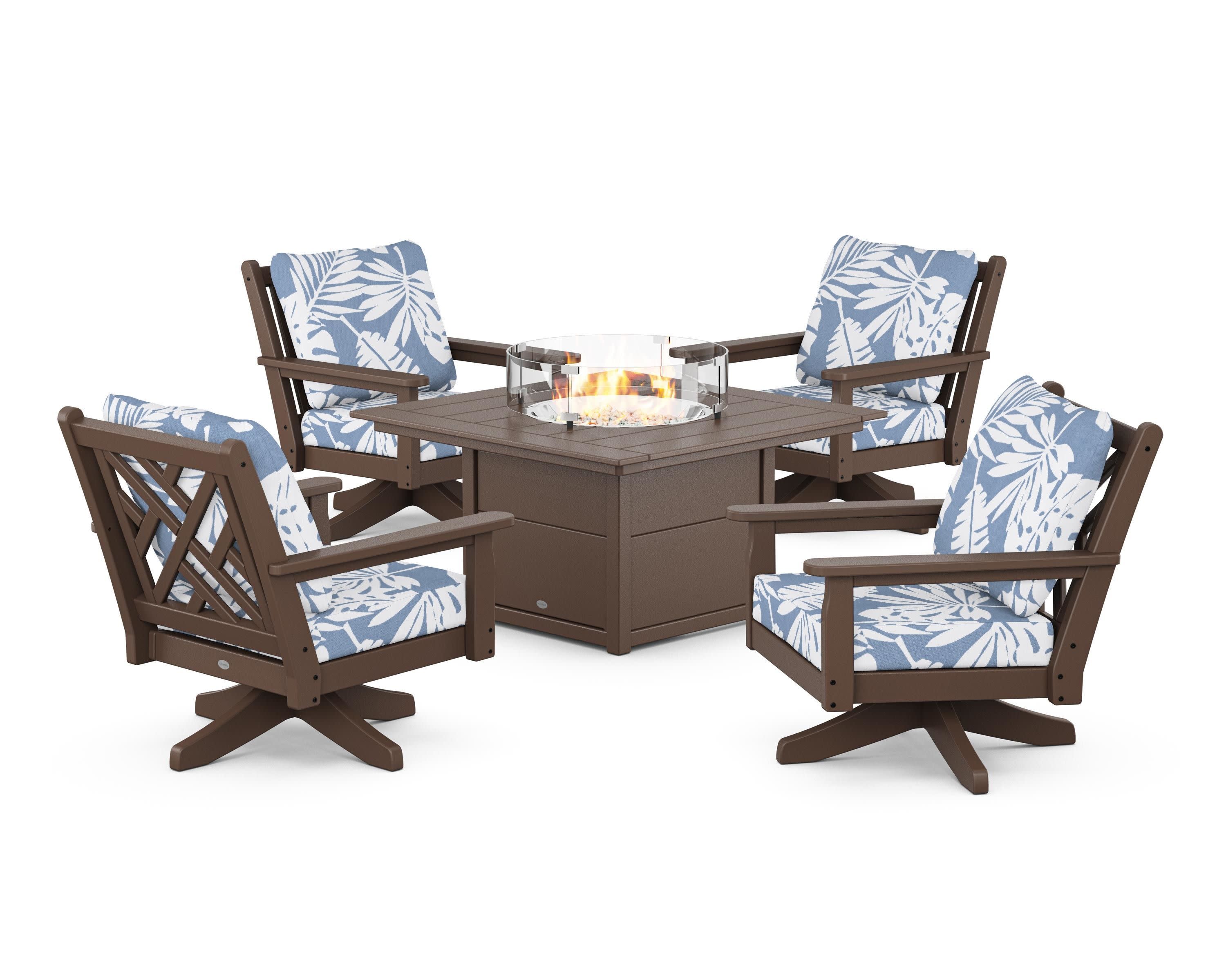 Chippendale 5-Piece Deep Seating Swivel Conversation Set with Fire Pit Table in Mahogany / Leaf Sky Blue