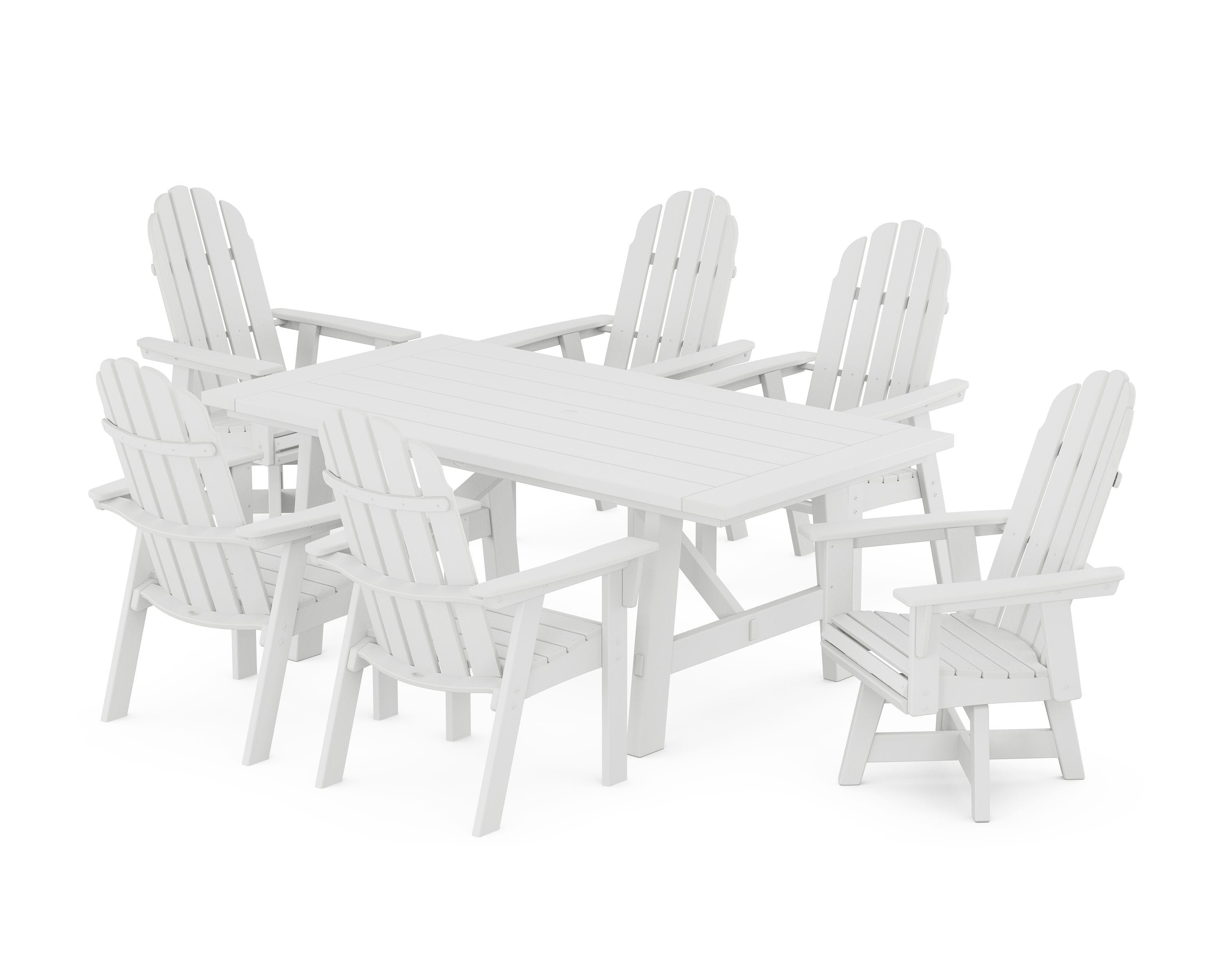 Vineyard Curveback Adirondack Swivel Chair 7-Piece Rustic Farmhouse Dining Set in White