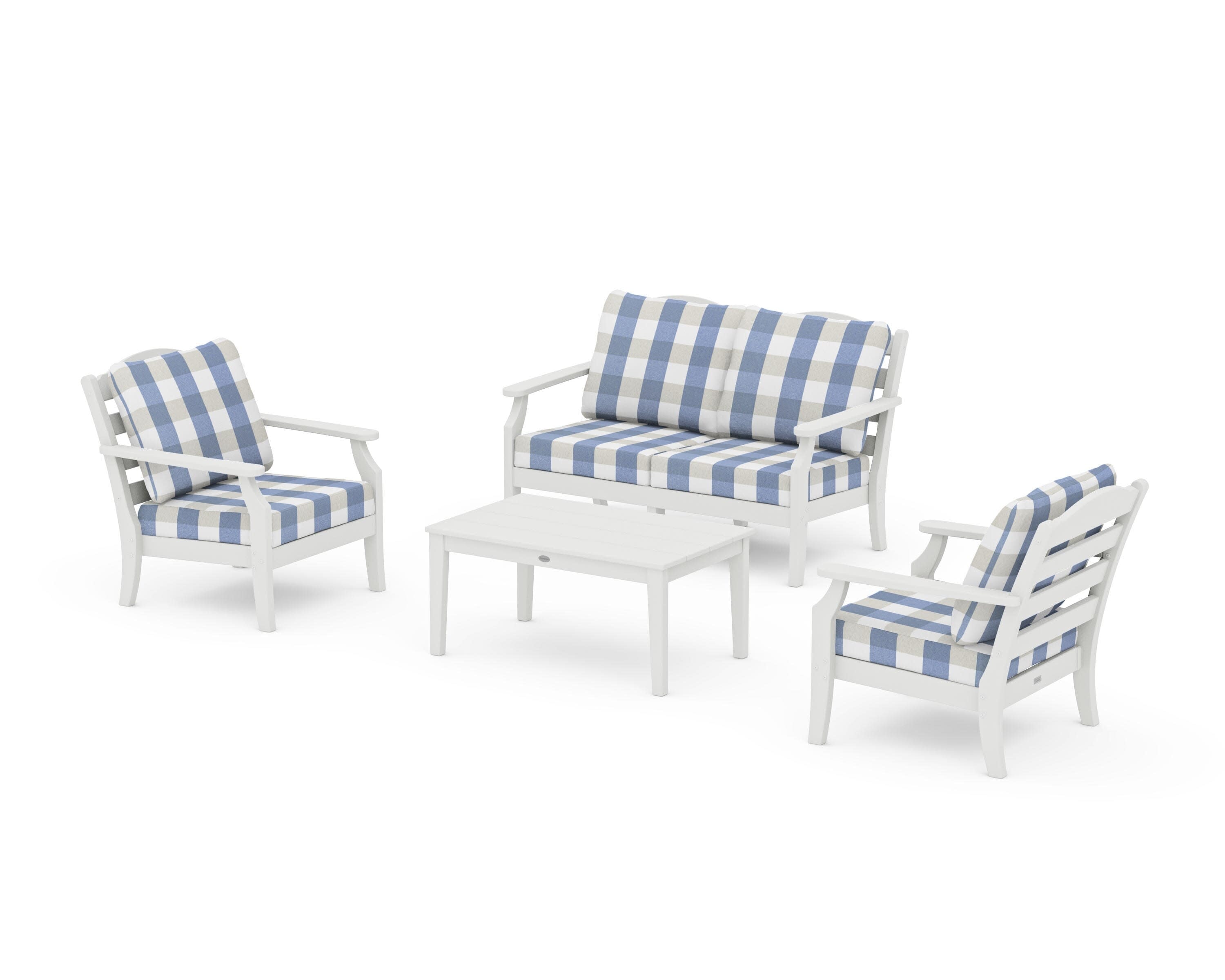 Savannah 4-Piece Deep Seating Set with Loveseat in Vintage White / Buffalo Plaid Sky Blue