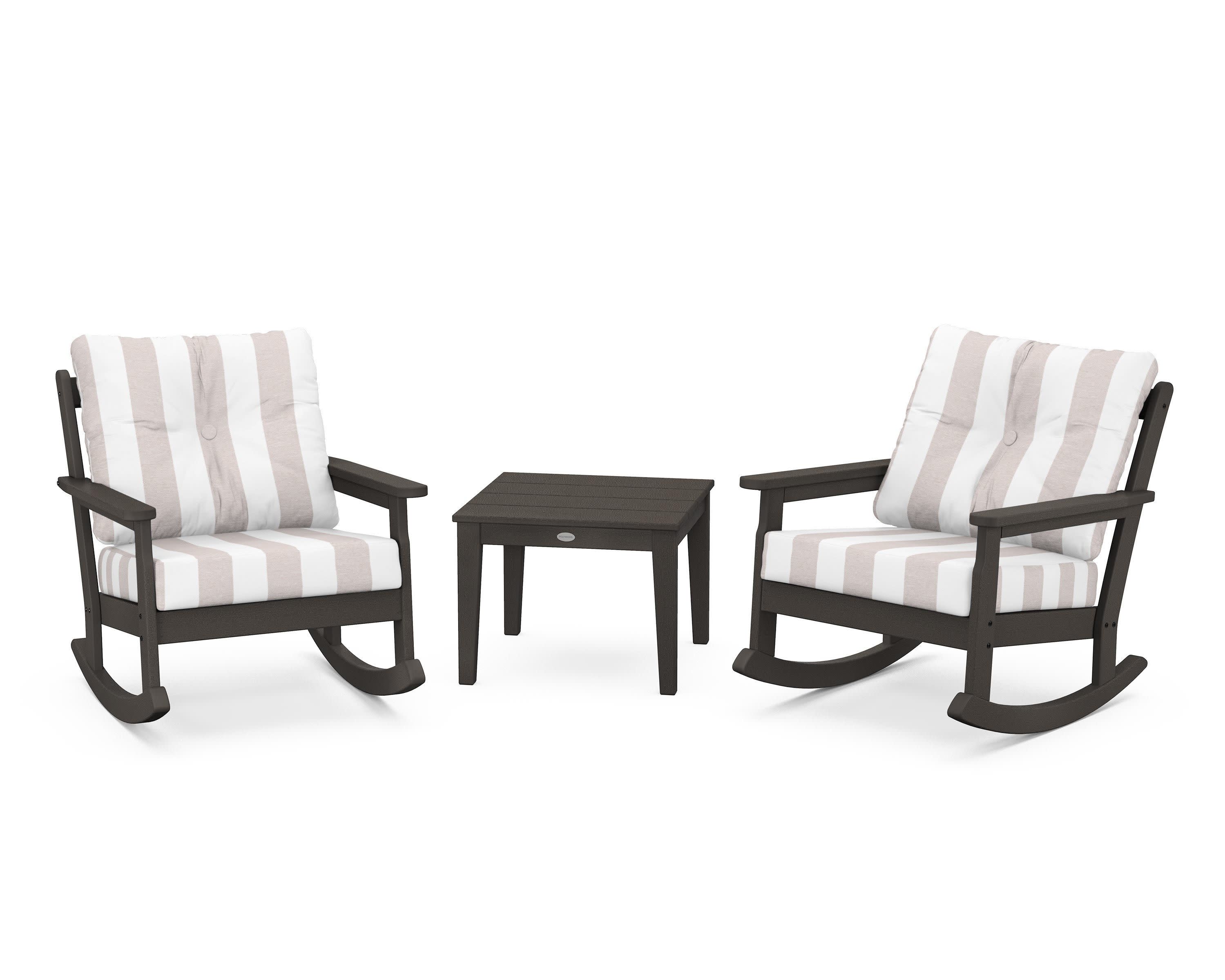 Vineyard 3-Piece Deep Seating Rocker Set in Vintage Coffee / Cabana Stripe Dune Burlap