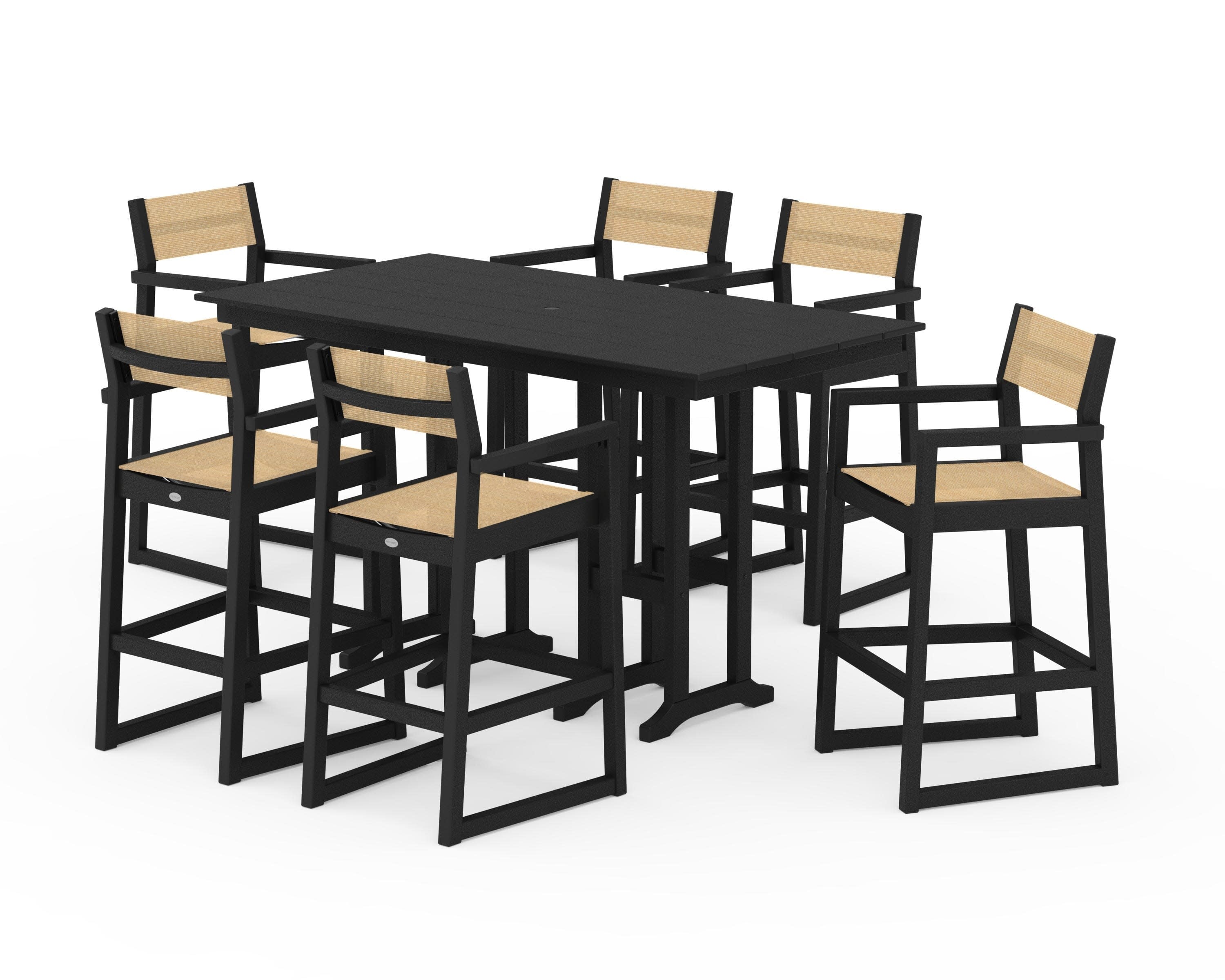 EDGE Sling Arm Chair 7-Piece Farmhouse Bar Set in Black / Dupioni Apricot Sling