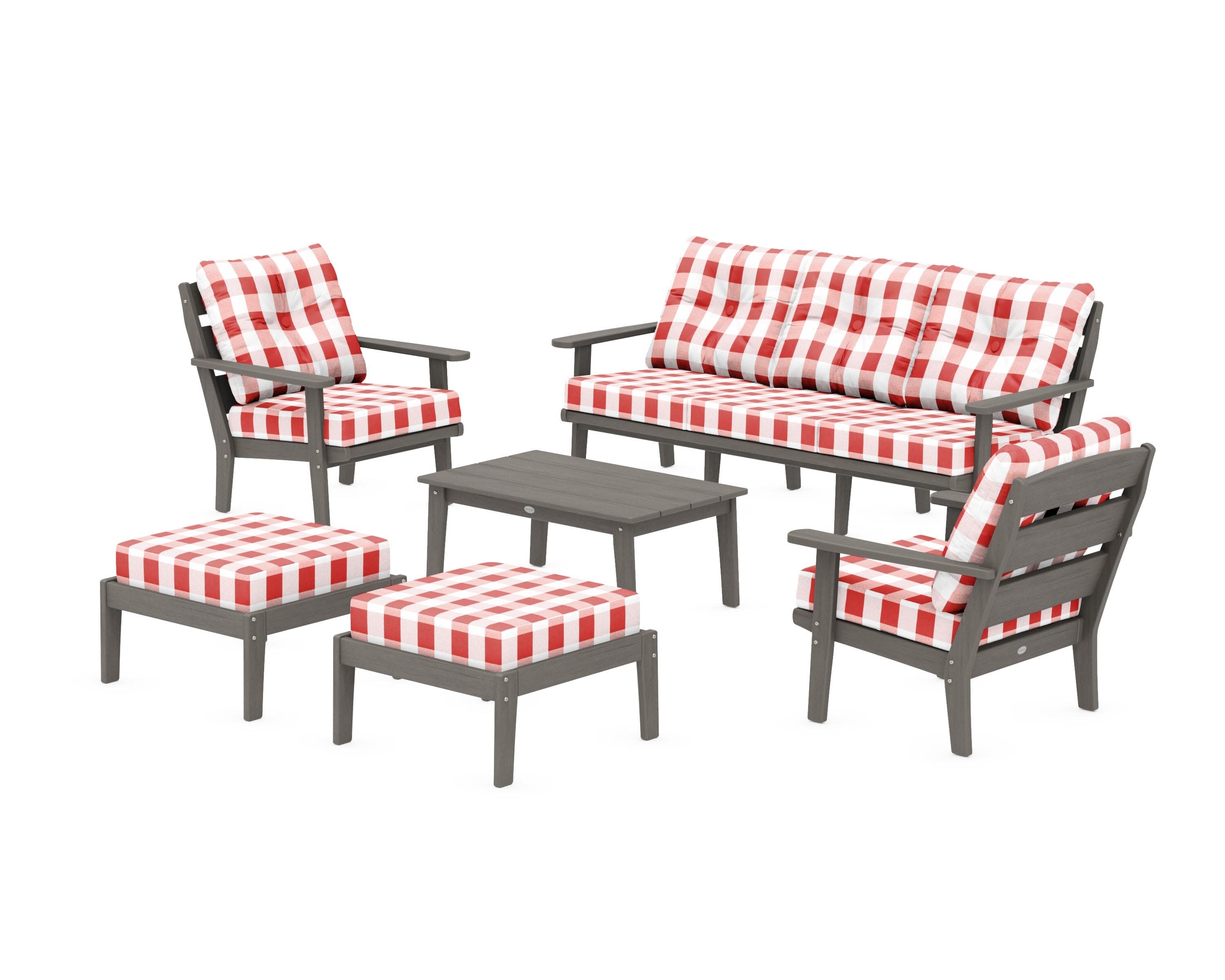 Lakeside 6-Piece Lounge Sofa Set in Driftwood / Buffalo Plaid Crimson