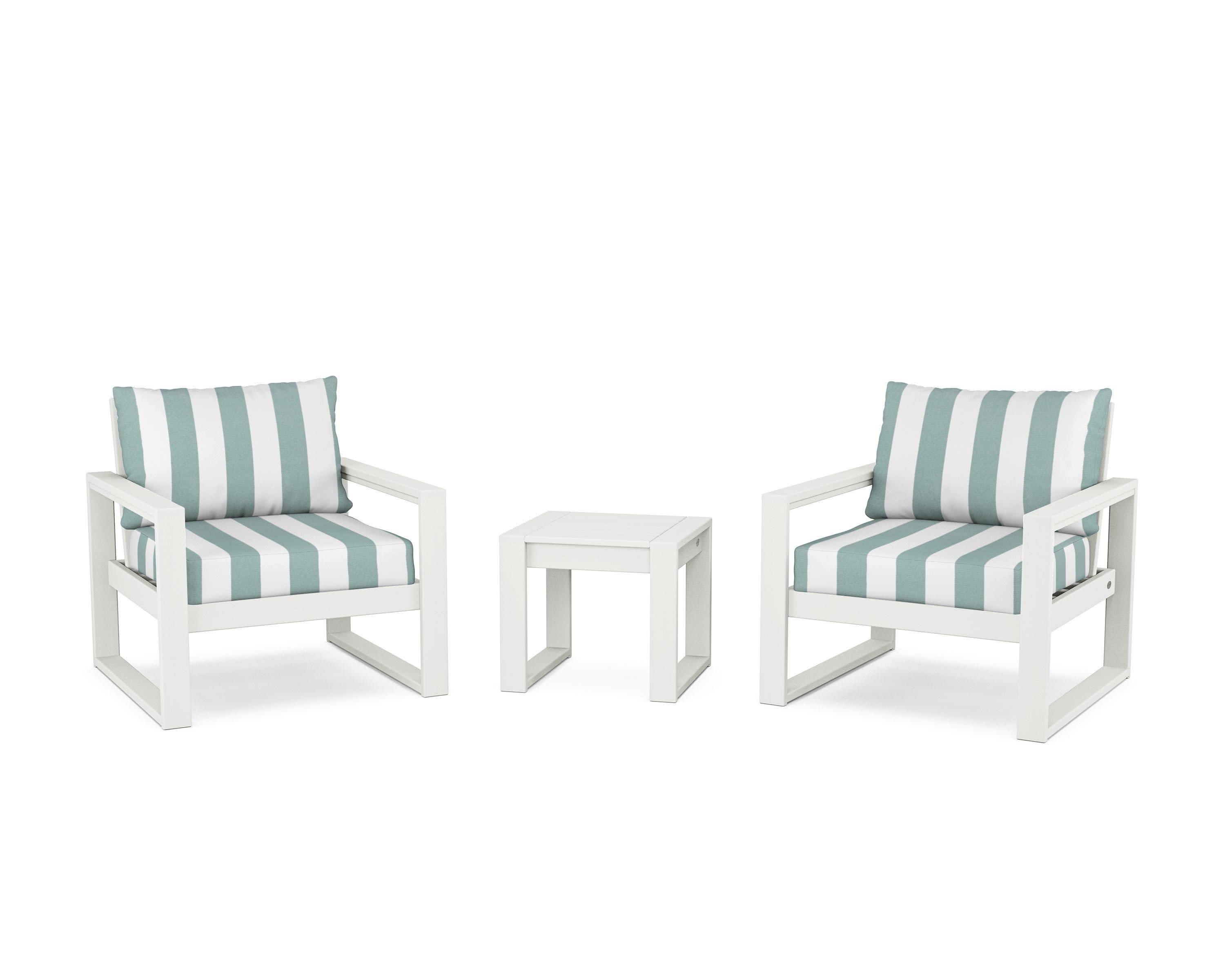 EDGE Sectional 3-Piece Deep Seating Set in Vintage White / Cabana Stripe Glacier Spa
