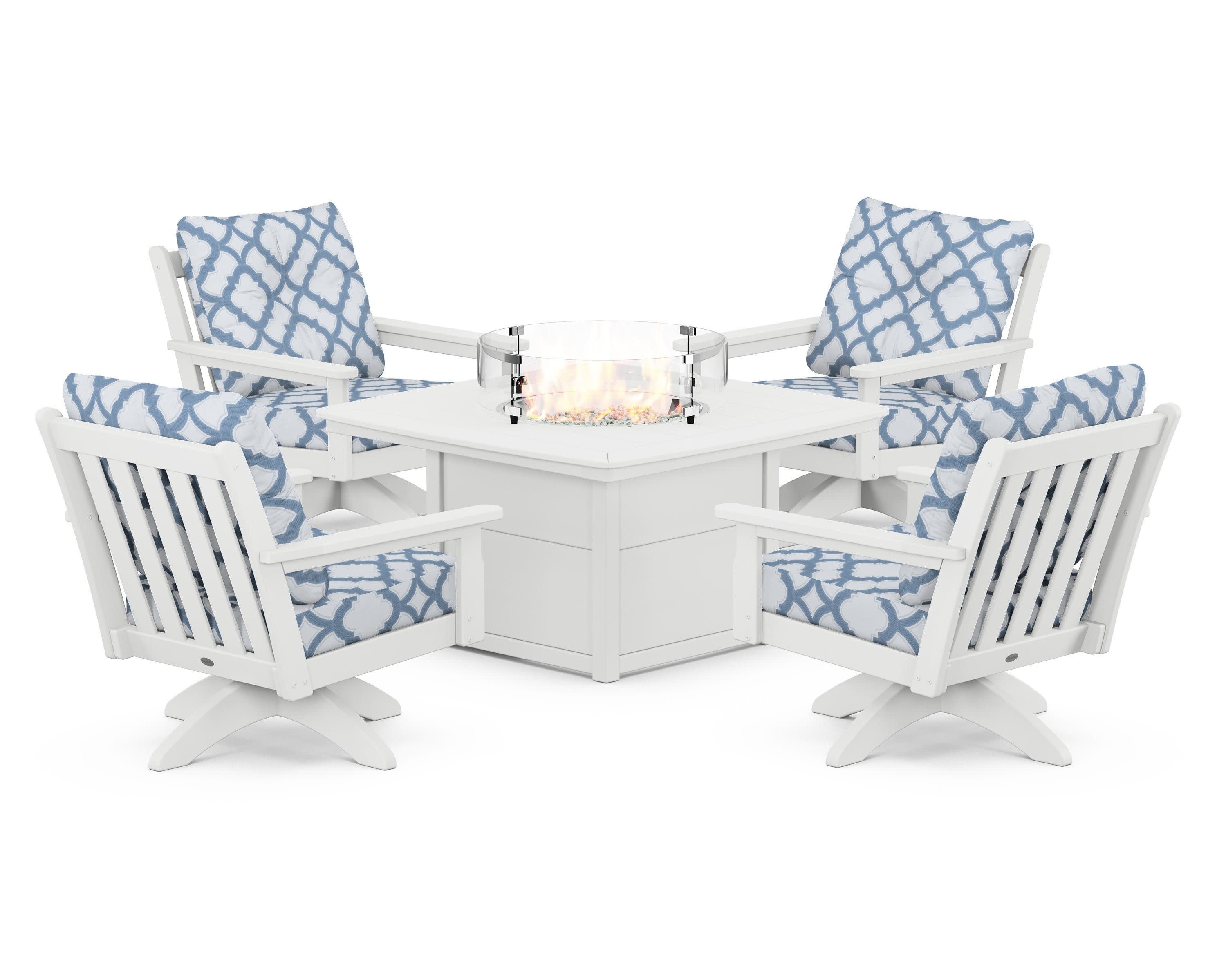 Vineyard 5-Piece Deep Seating Swivel Conversation Set with Fire Pit Table in White / Trellis Sky Blue