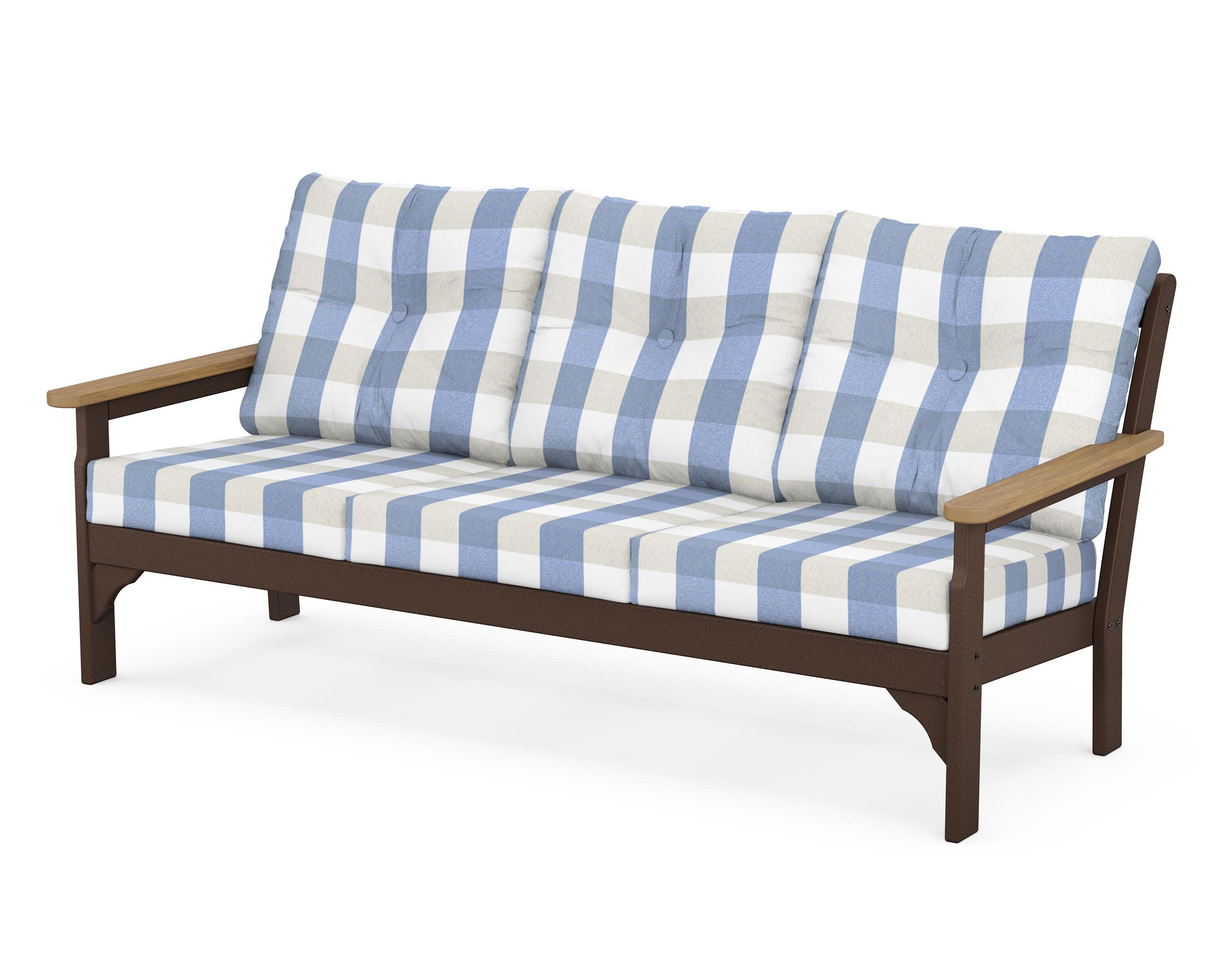 Vineyard Deep Seating Sofa in Mahogany / Natural / Buffalo Plaid Sky Blue
