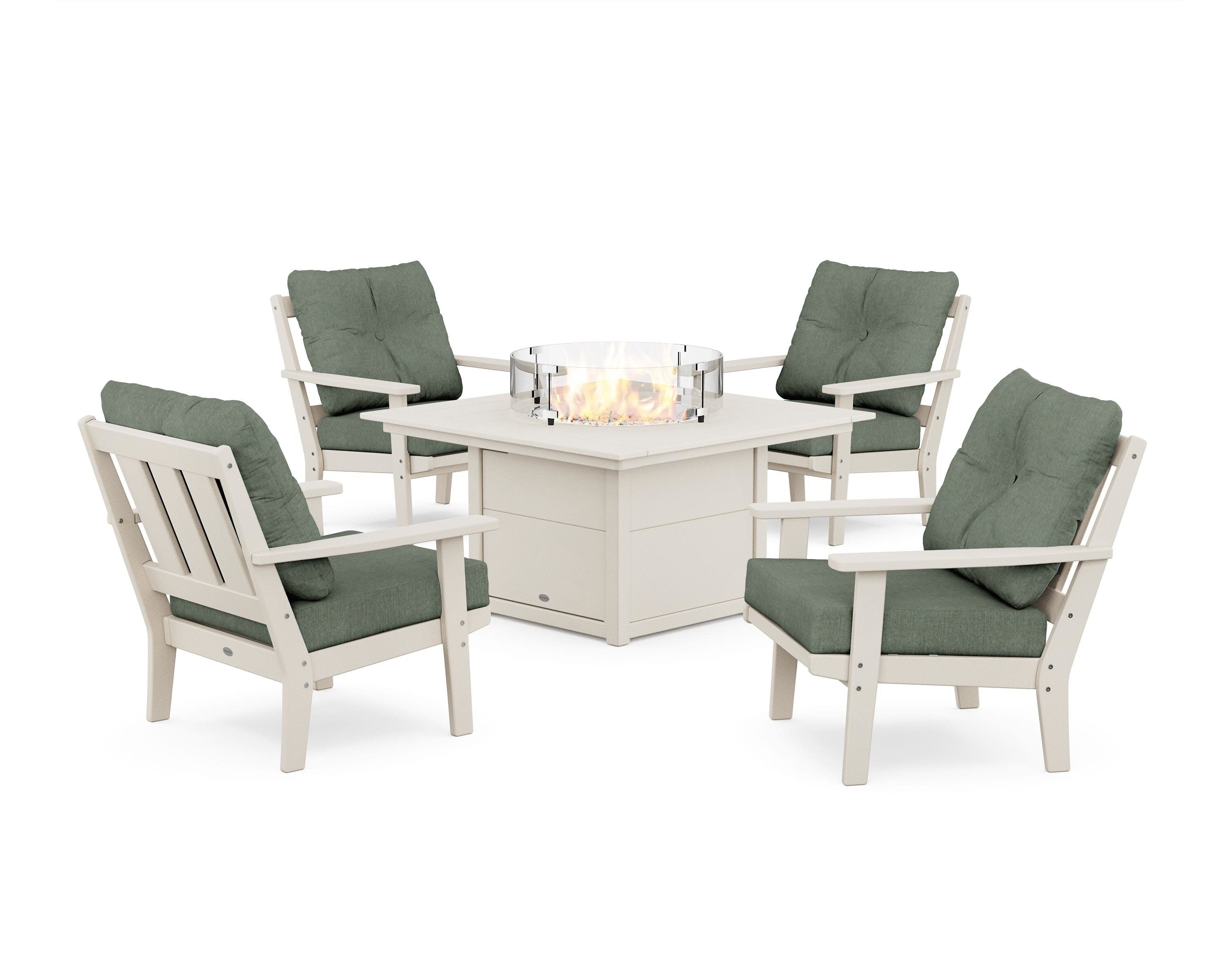Oxford 5-Piece Deep Seating Set with Fire Pit Table in Sand / Cast Sage