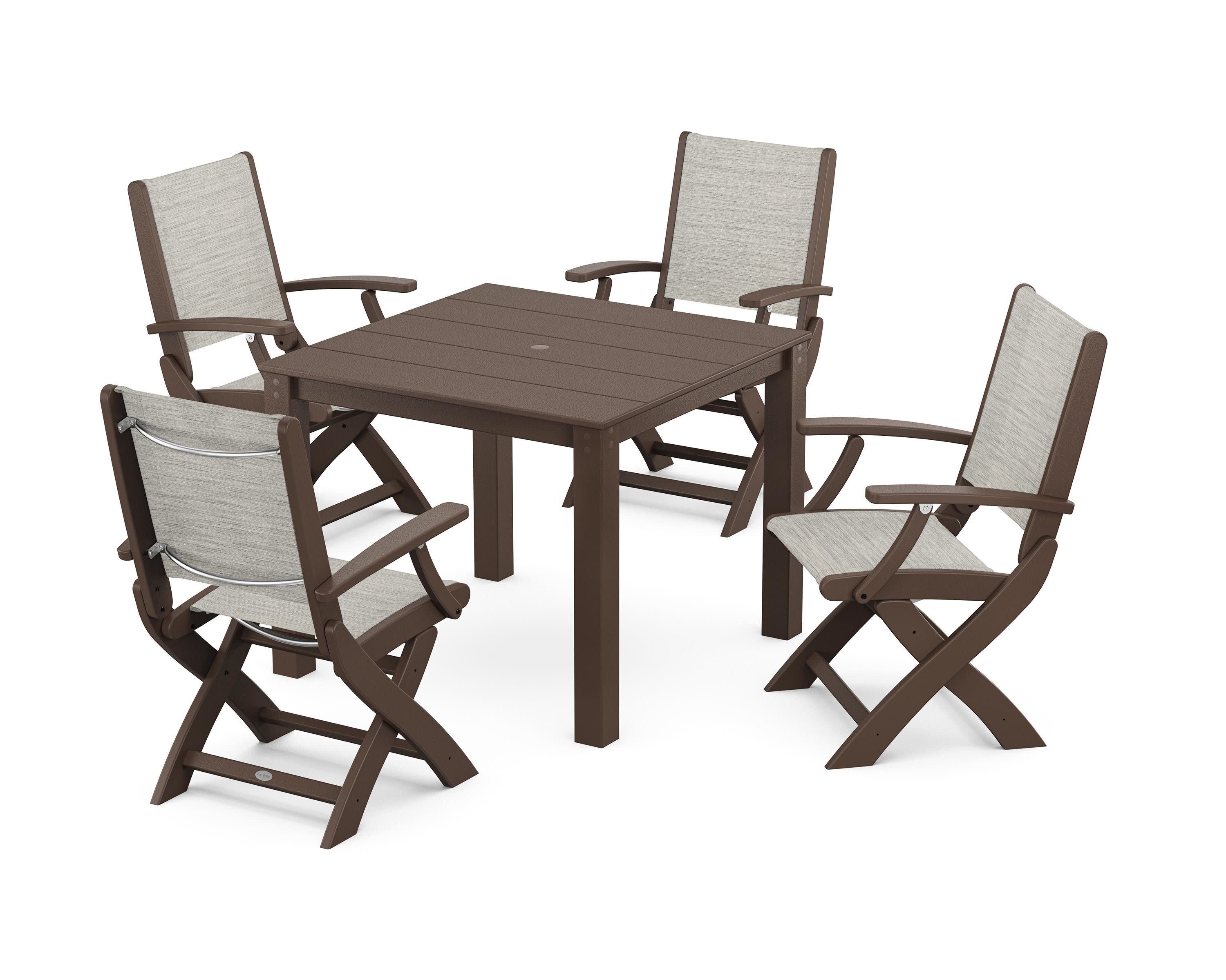 Coastal Folding Chair 5-Piece Parsons Dining Set in Mahogany / Birch Sling