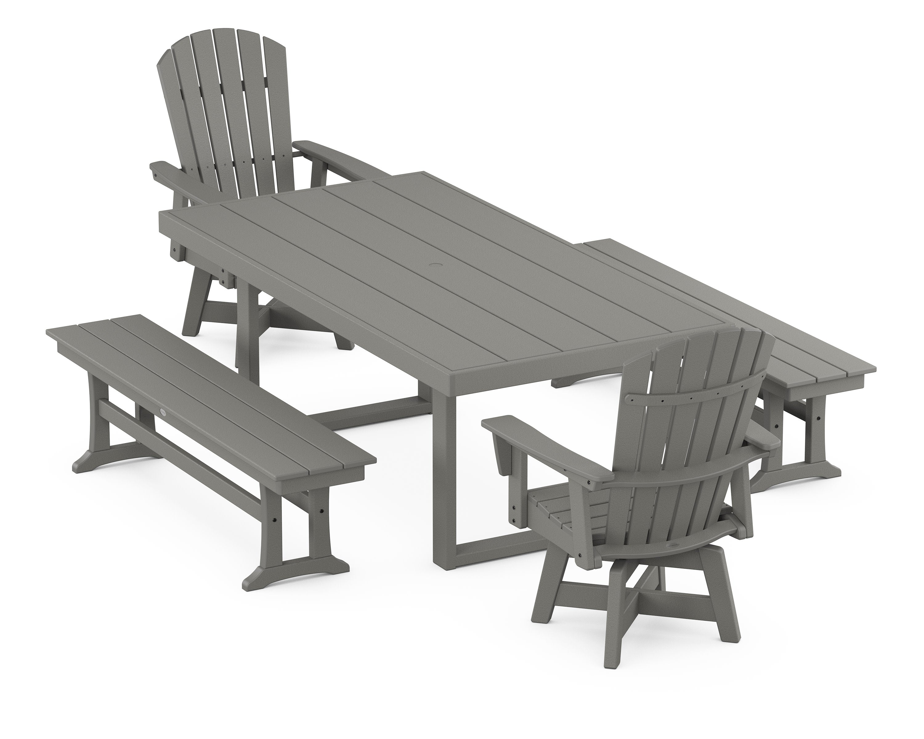 Nautical Curveback Adirondack Swivel Chair 5-Piece Dining Set with Benches in Slate Grey