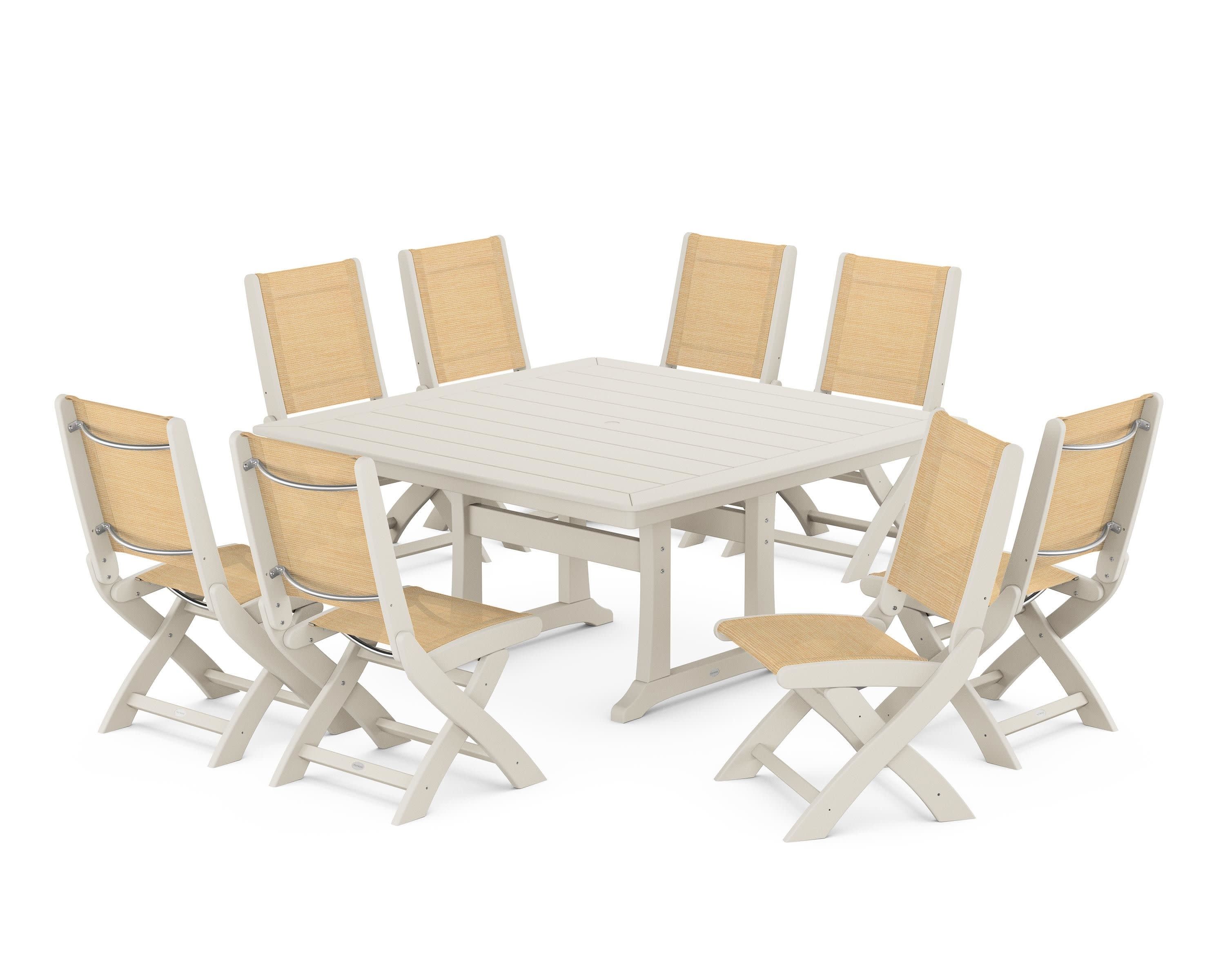 Coastal Folding Side Chair 9-Piece Dining Set with Trestle Legs in Sand / Dupioni Apricot Sling