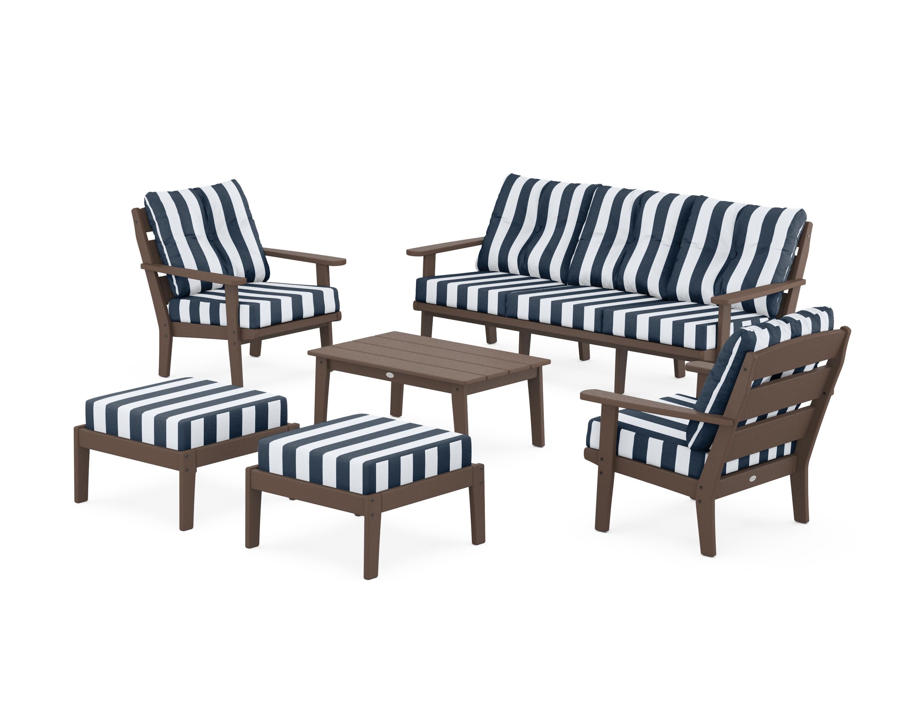 Lakeside 6-Piece Lounge Sofa Set in Mahogany / Cabana Stripe Marine Indigo