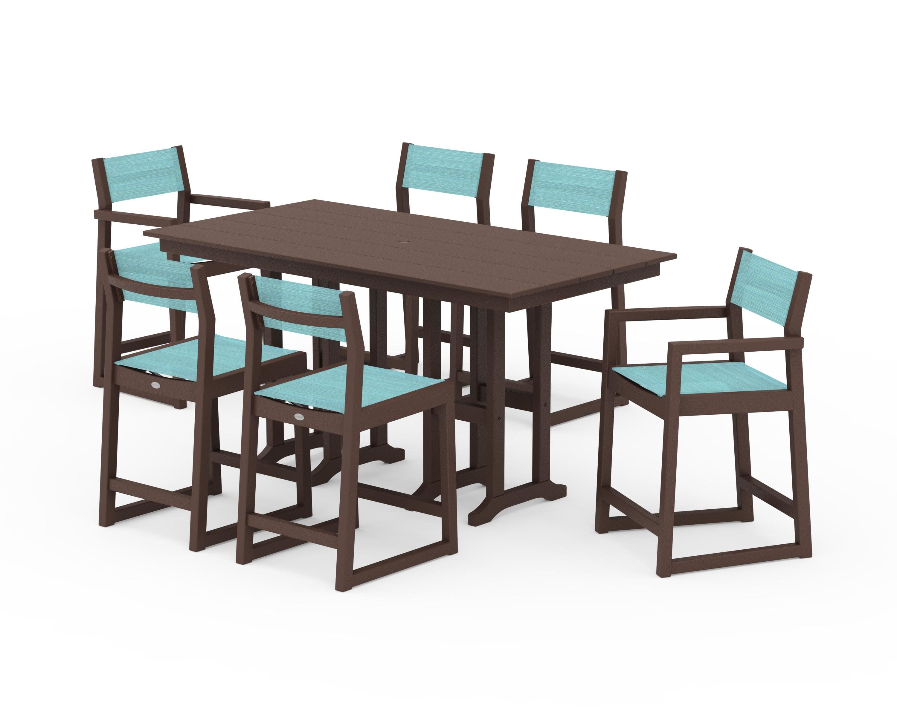EDGE Sling 7-Piece Farmhouse Counter Set in Mahogany / Dupioni Aquamarine Sling