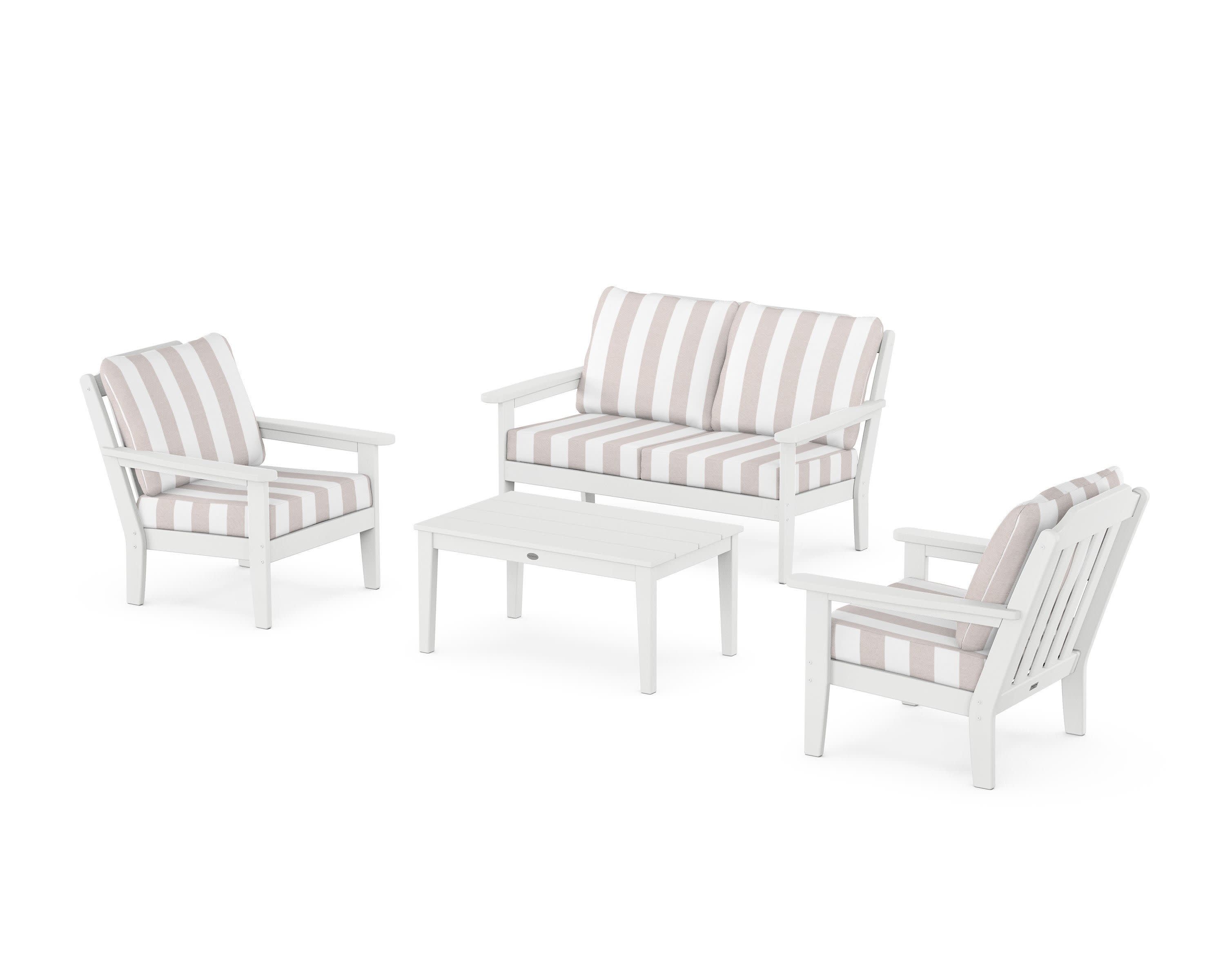 Cottage 4-Piece Deep Seating Set with Loveseat in White / Cabana Stripe Dune Burlap