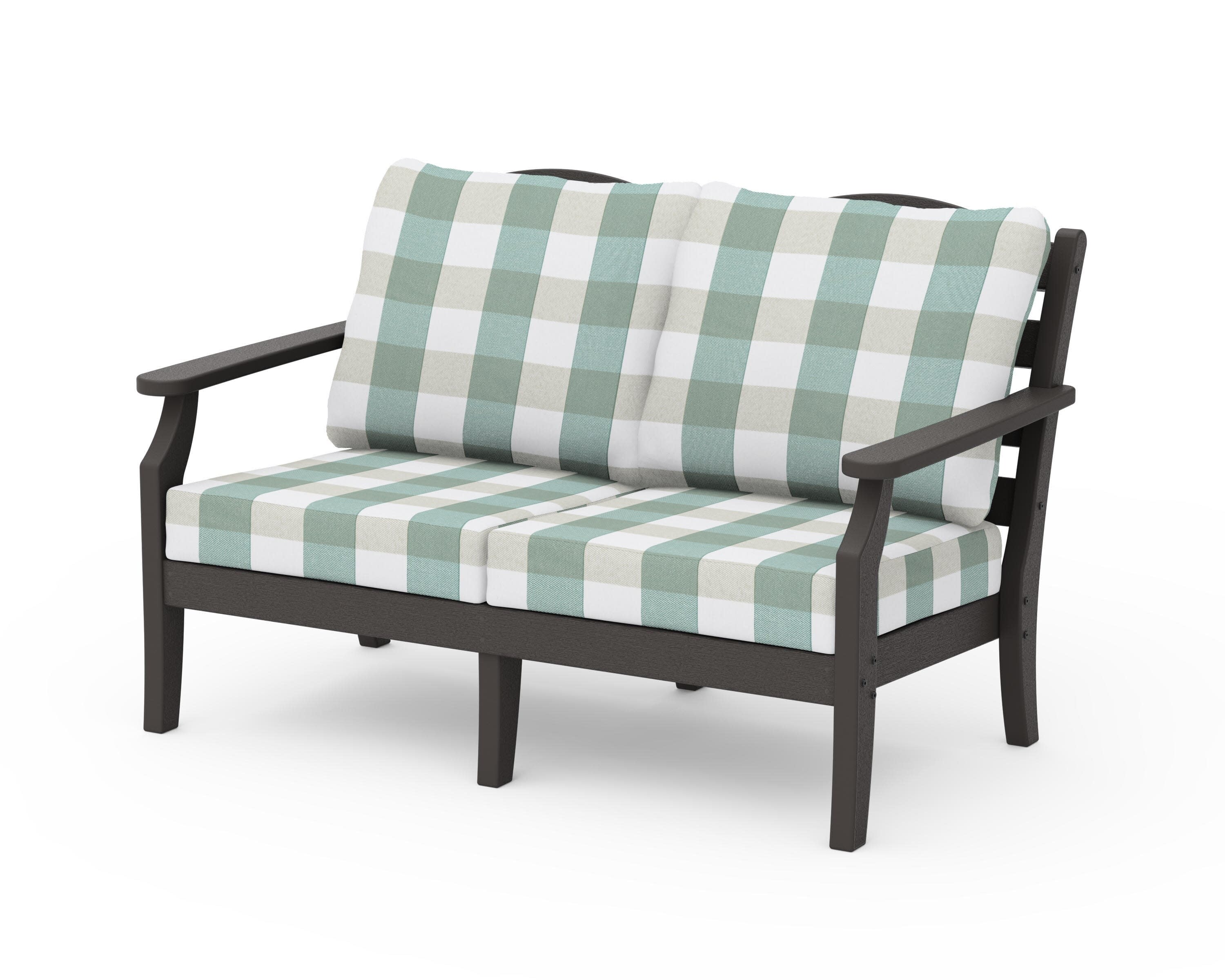 Savannah Deep Seating Loveseat in Vintage Coffee / Buffalo Plaid Glacier Spa