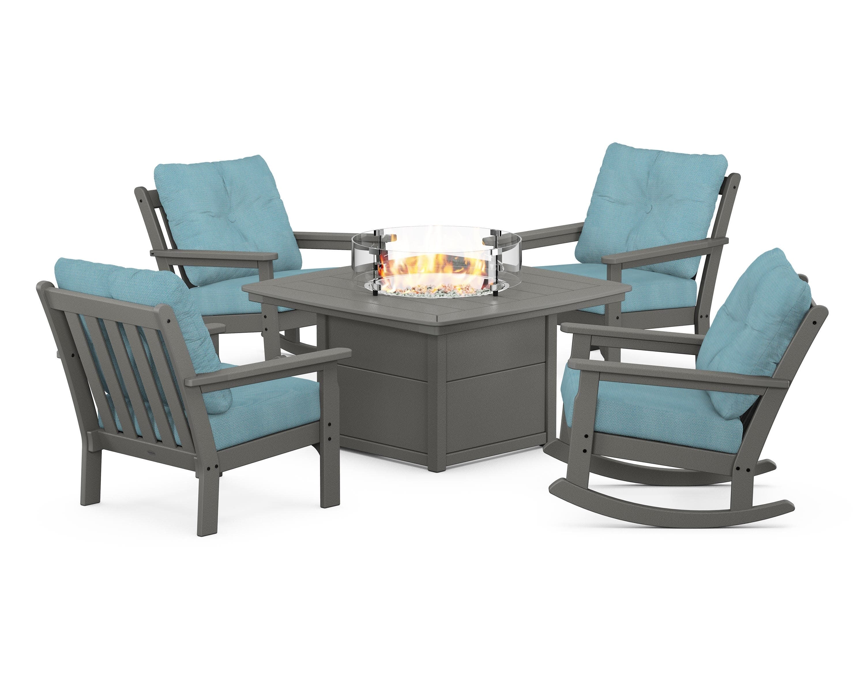 Vineyard 5-Piece Deep Seating Rocking Chair Conversation Set with Fire Pit Table in Slate Grey / Lattice Sky Blue