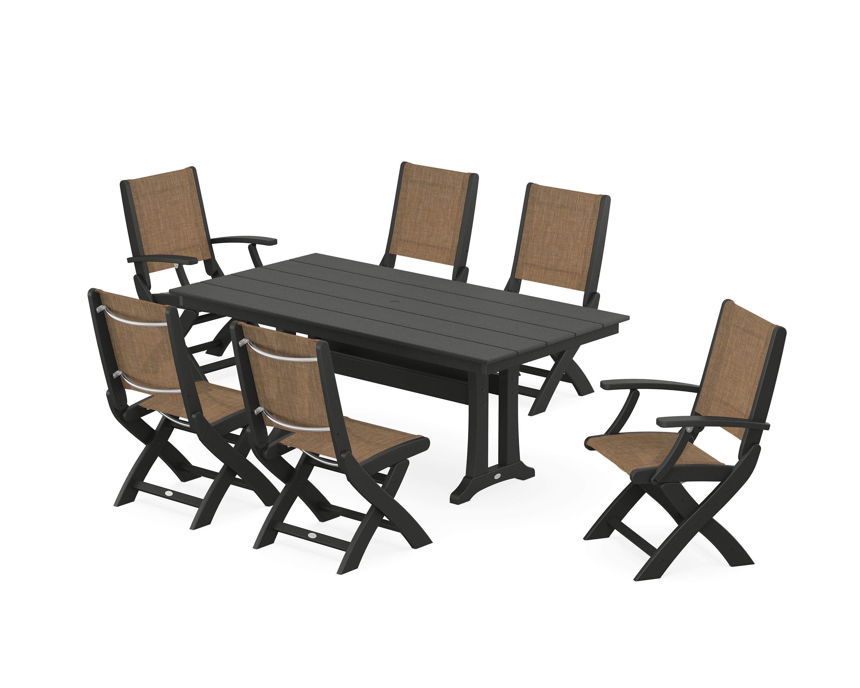Coastal Folding Chair 7-Piece Farmhouse Dining Set with Trestle Legs in Black / Burlap Sling