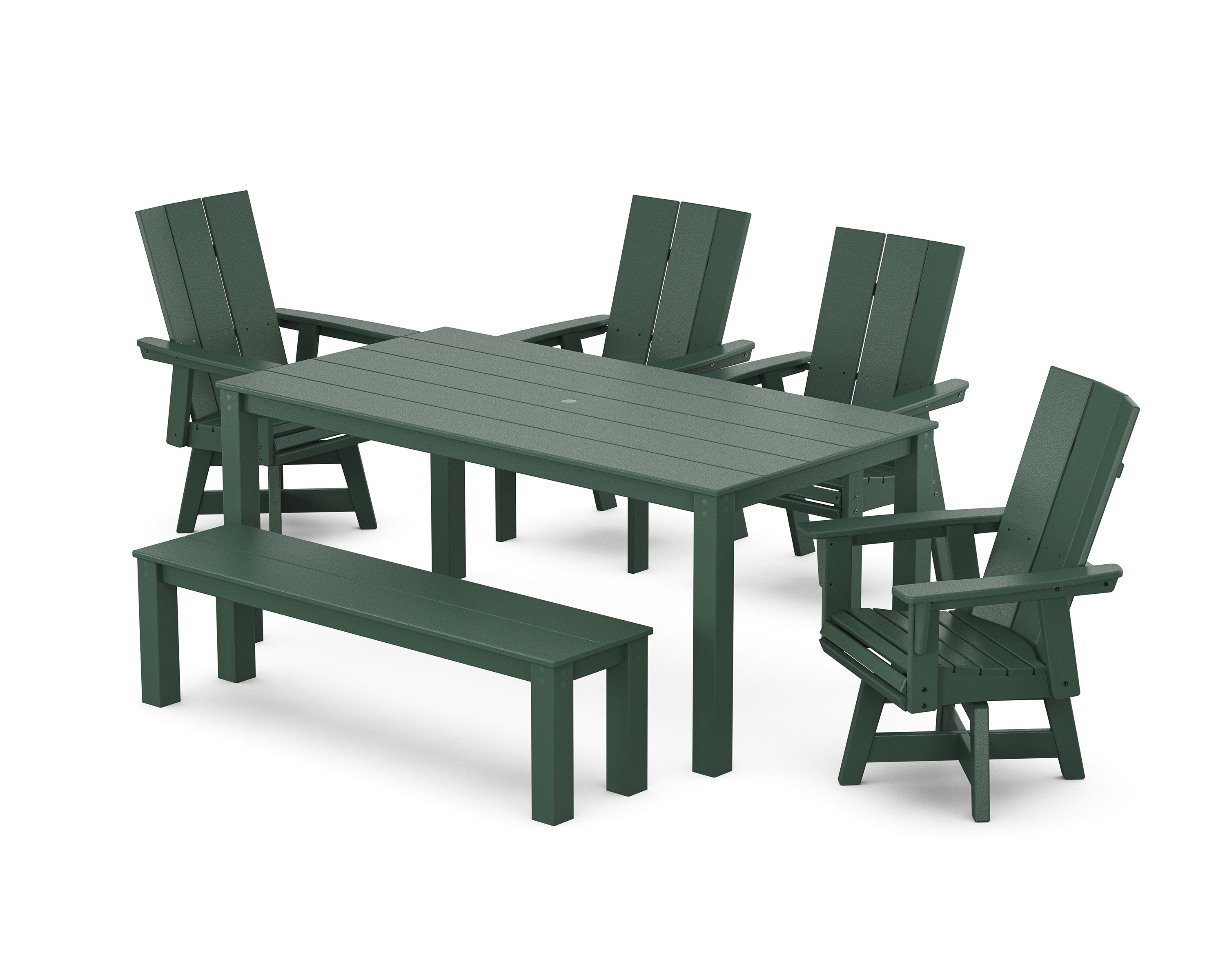 Modern Curveback Adirondack 6-Piece Parsons Swivel Dining Set with Bench in Green