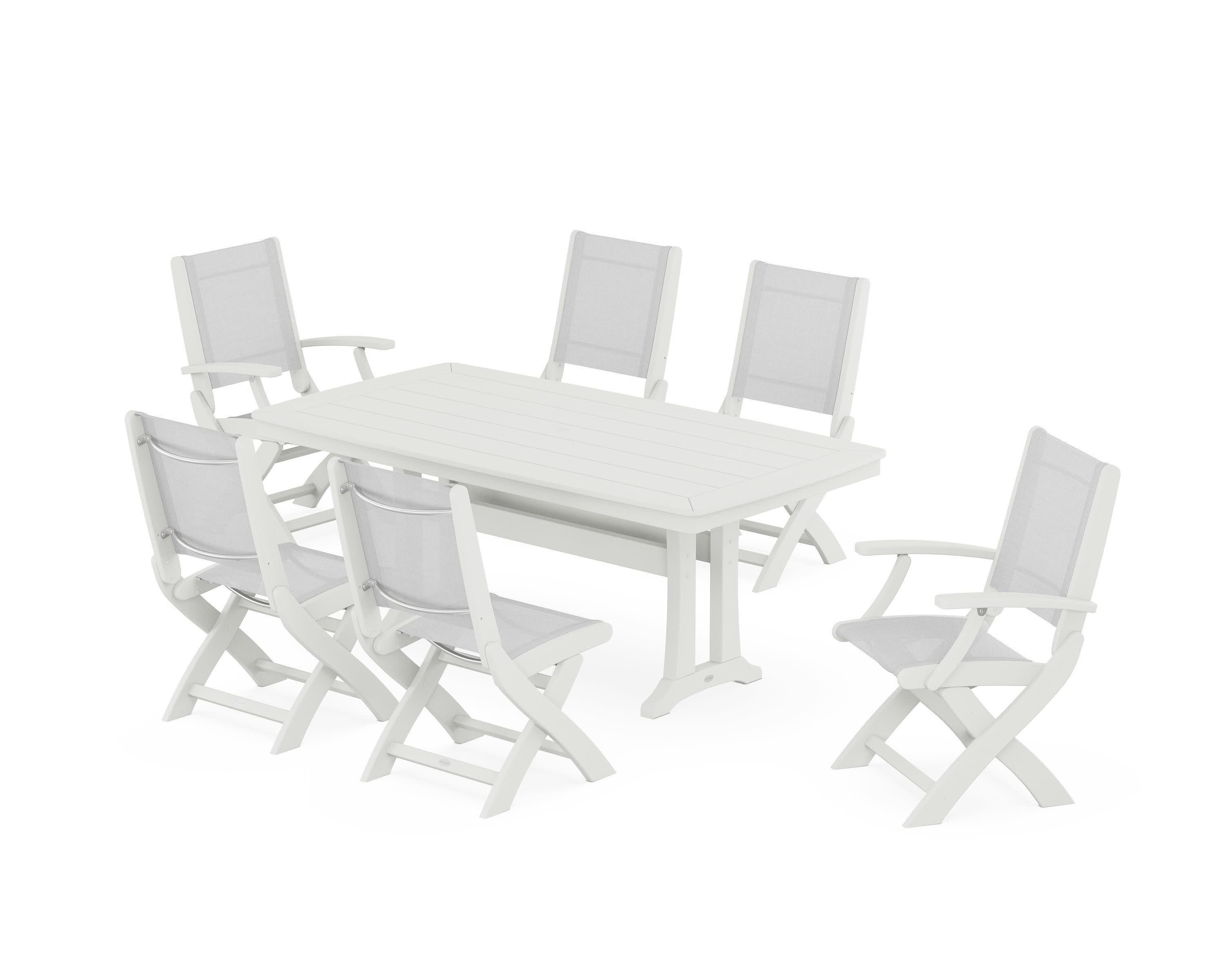 Coastal Folding Chair 7-Piece Dining Set with Trestle Legs in Vintage White / White Sling