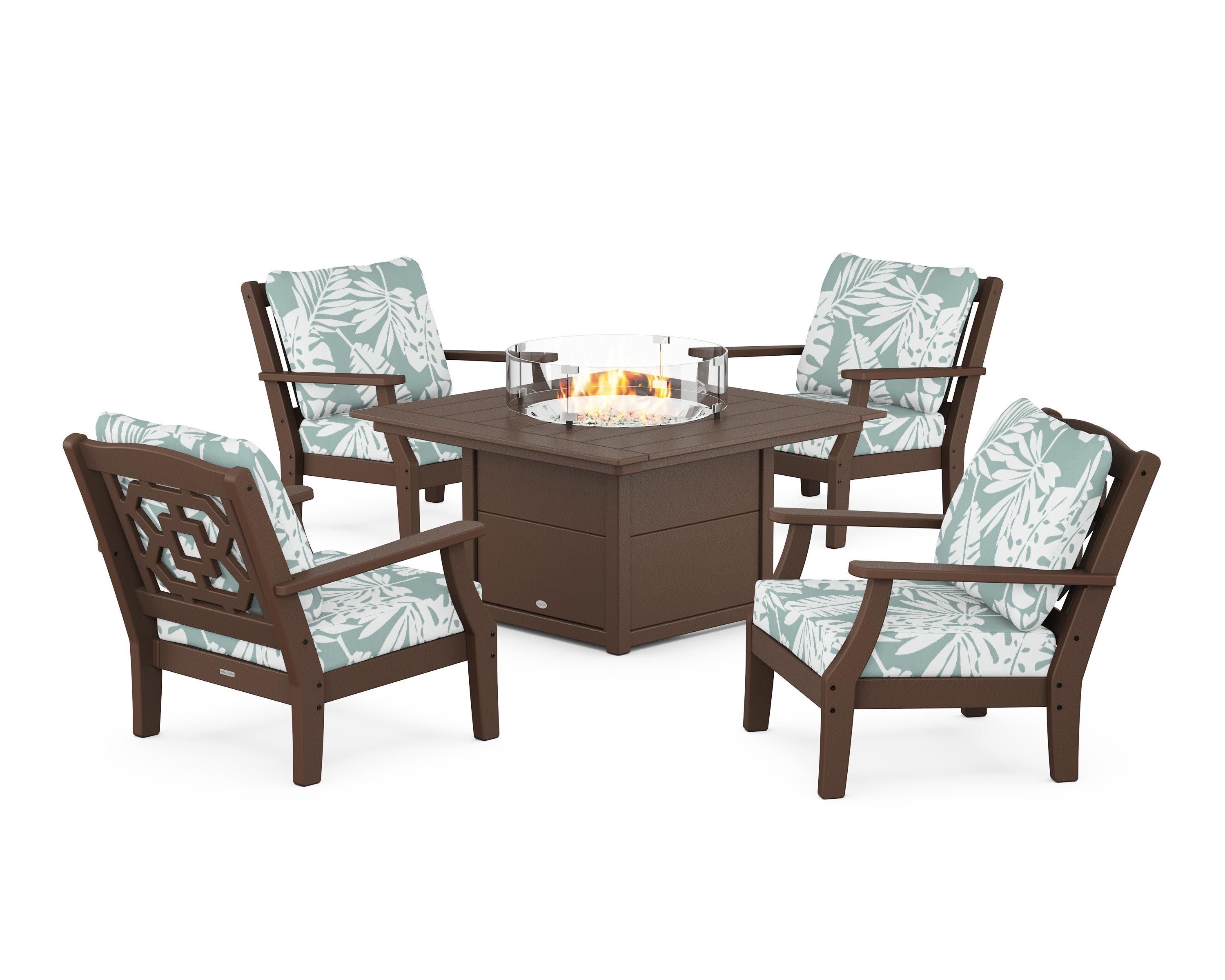 Chinoiserie 5-Piece Deep Seating Set with Fire Pit Table in Mahogany / Leaf Glacier Spa