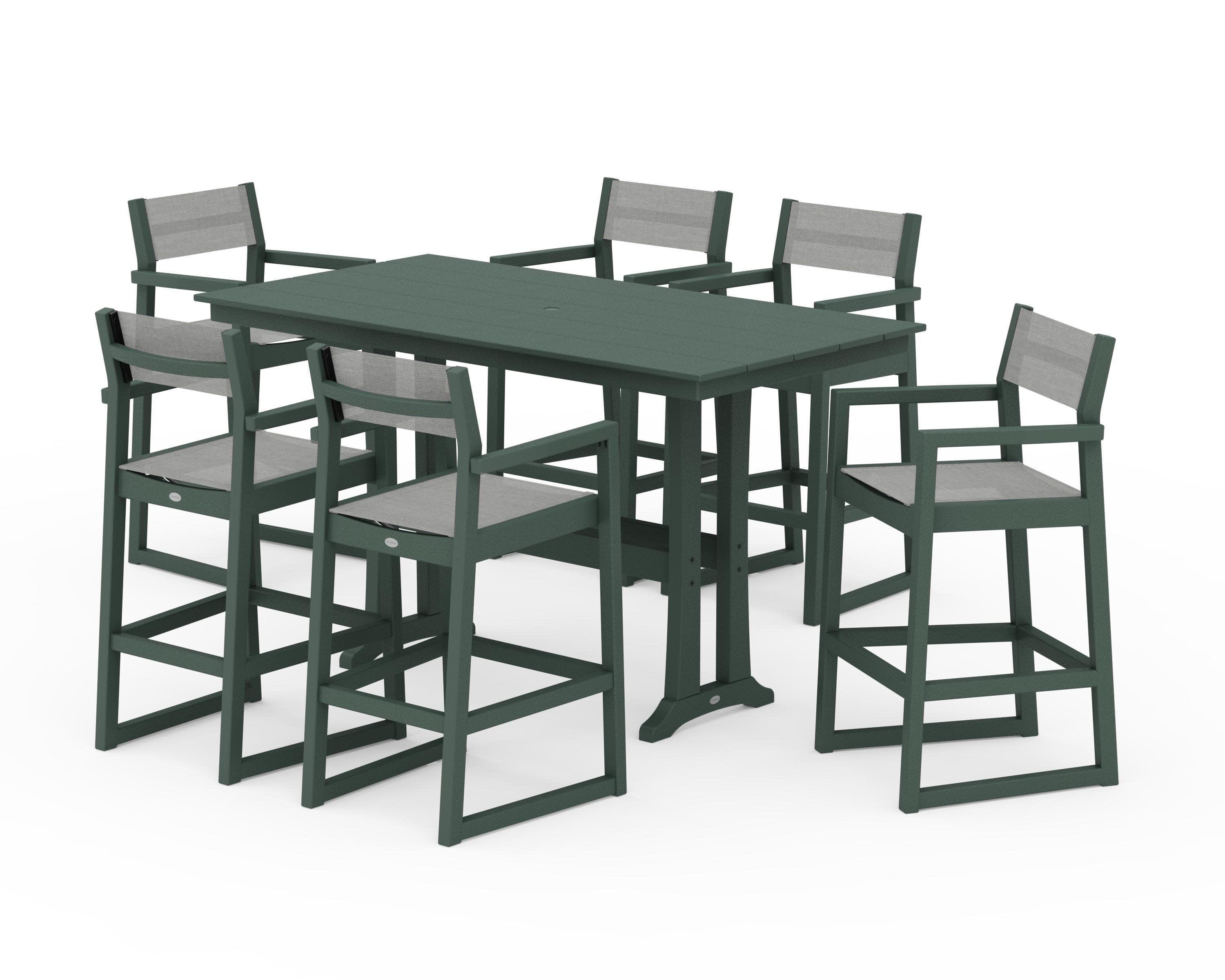 EDGE Sling Arm Chair 7-Piece Farmhouse Bar Set with Trestle Legs in Green / Metallic Sling