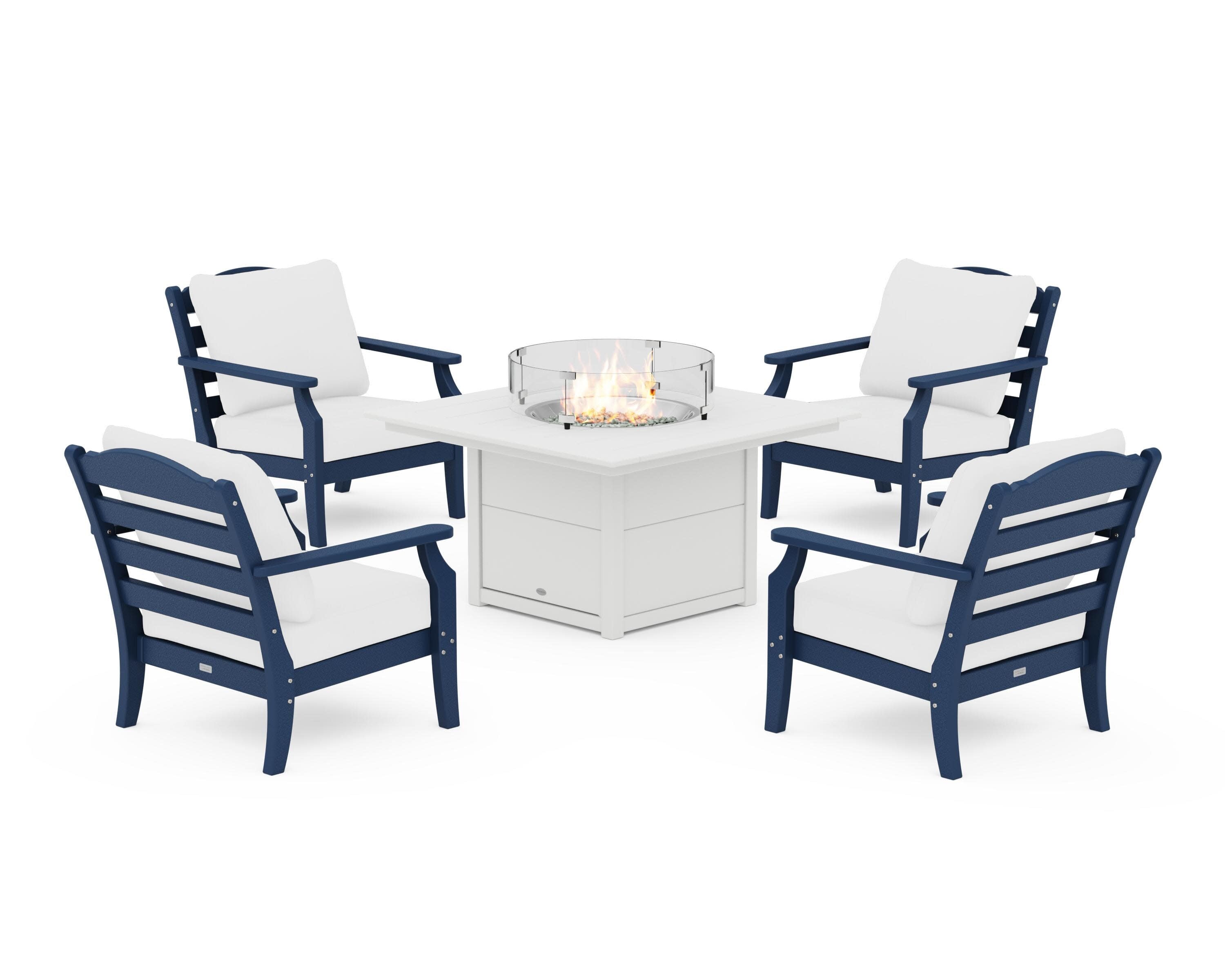 Savannah 5-Piece Deep Seating Set with Fire Pit Table in Navy / Natural