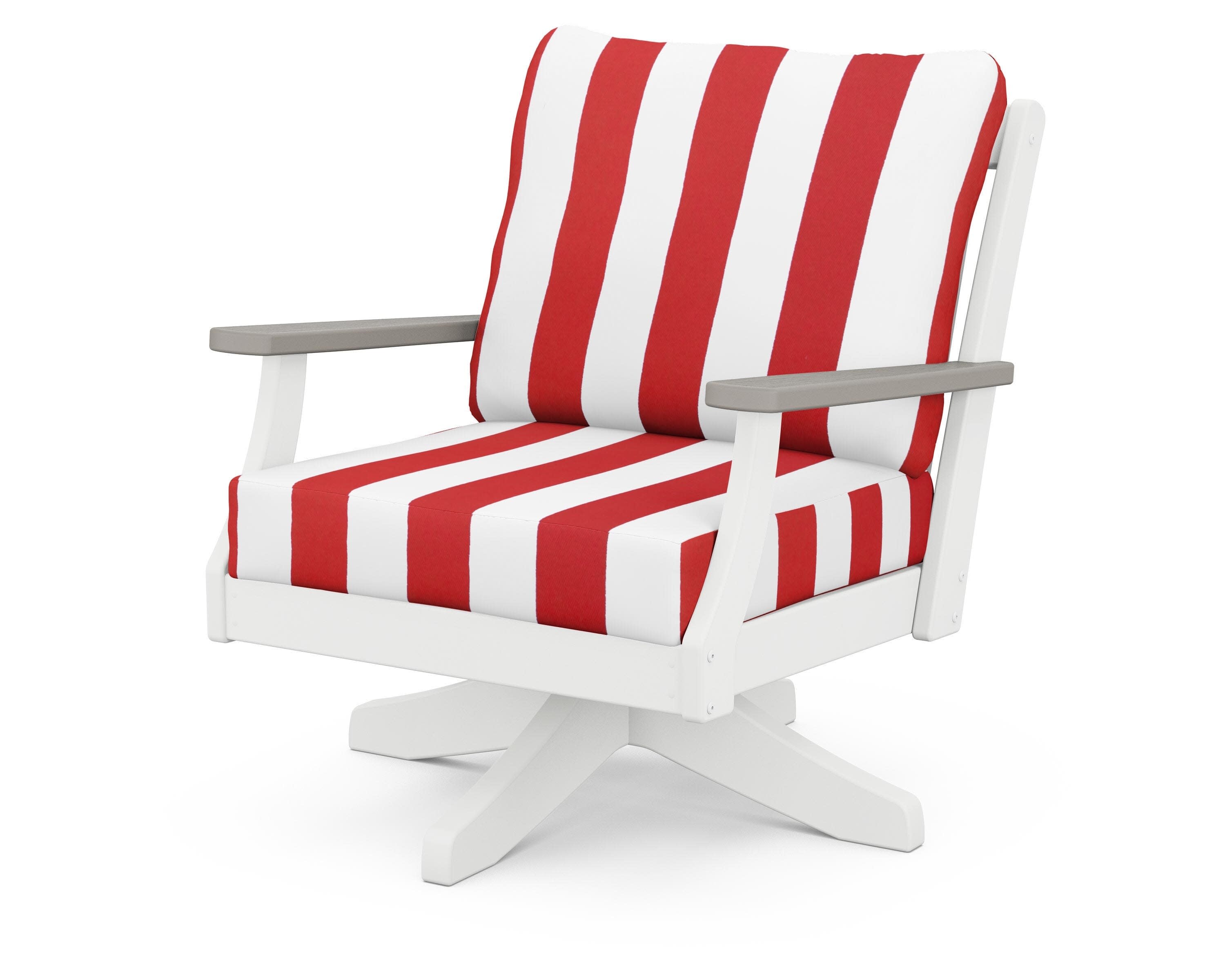Braxton Deep Seating Swivel Chair in White / Driftwood / Cabana Stripe Crimson
