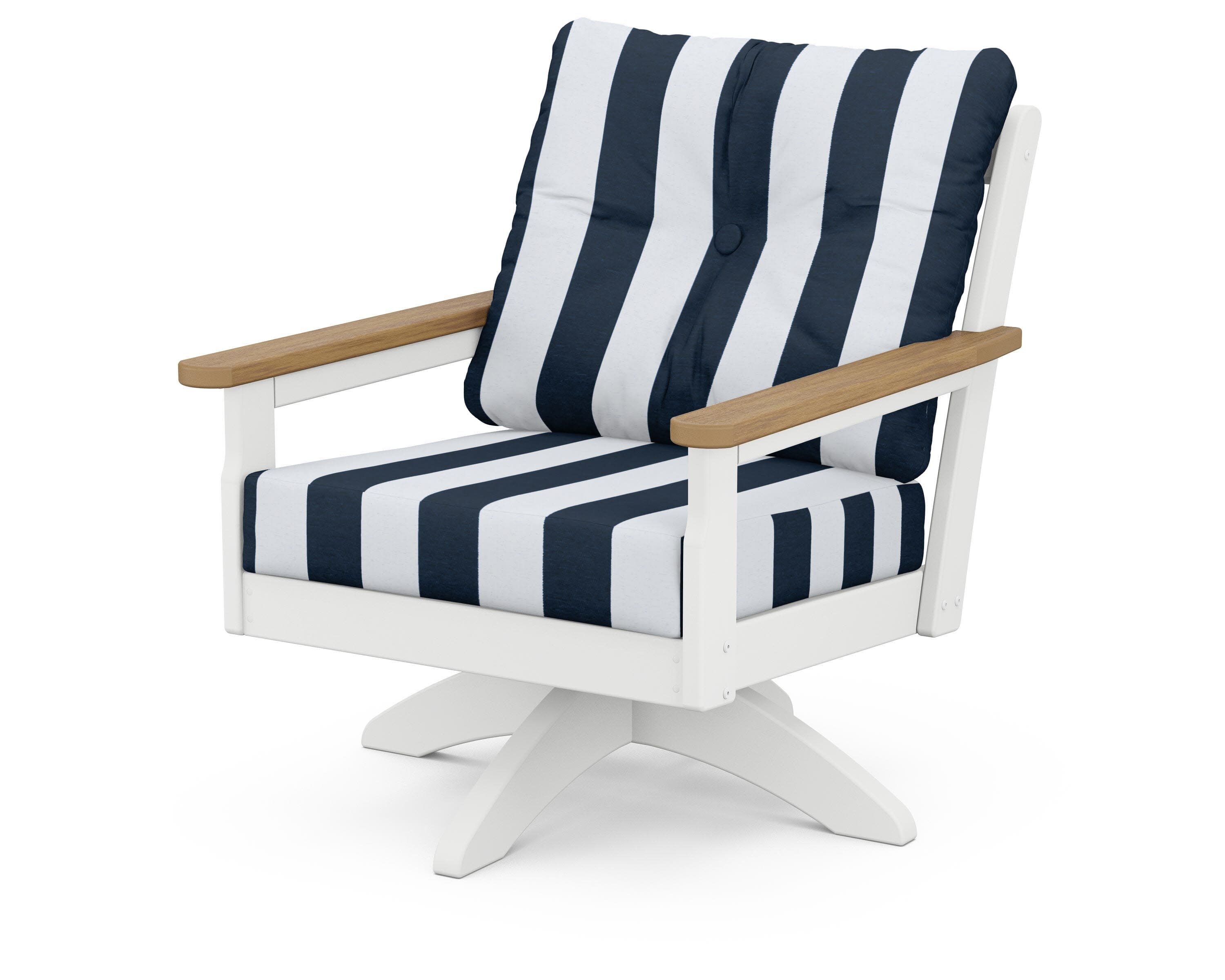Vineyard Deep Seating Swivel Chair in White / Natural / Cabana Stripe Marine Indigo