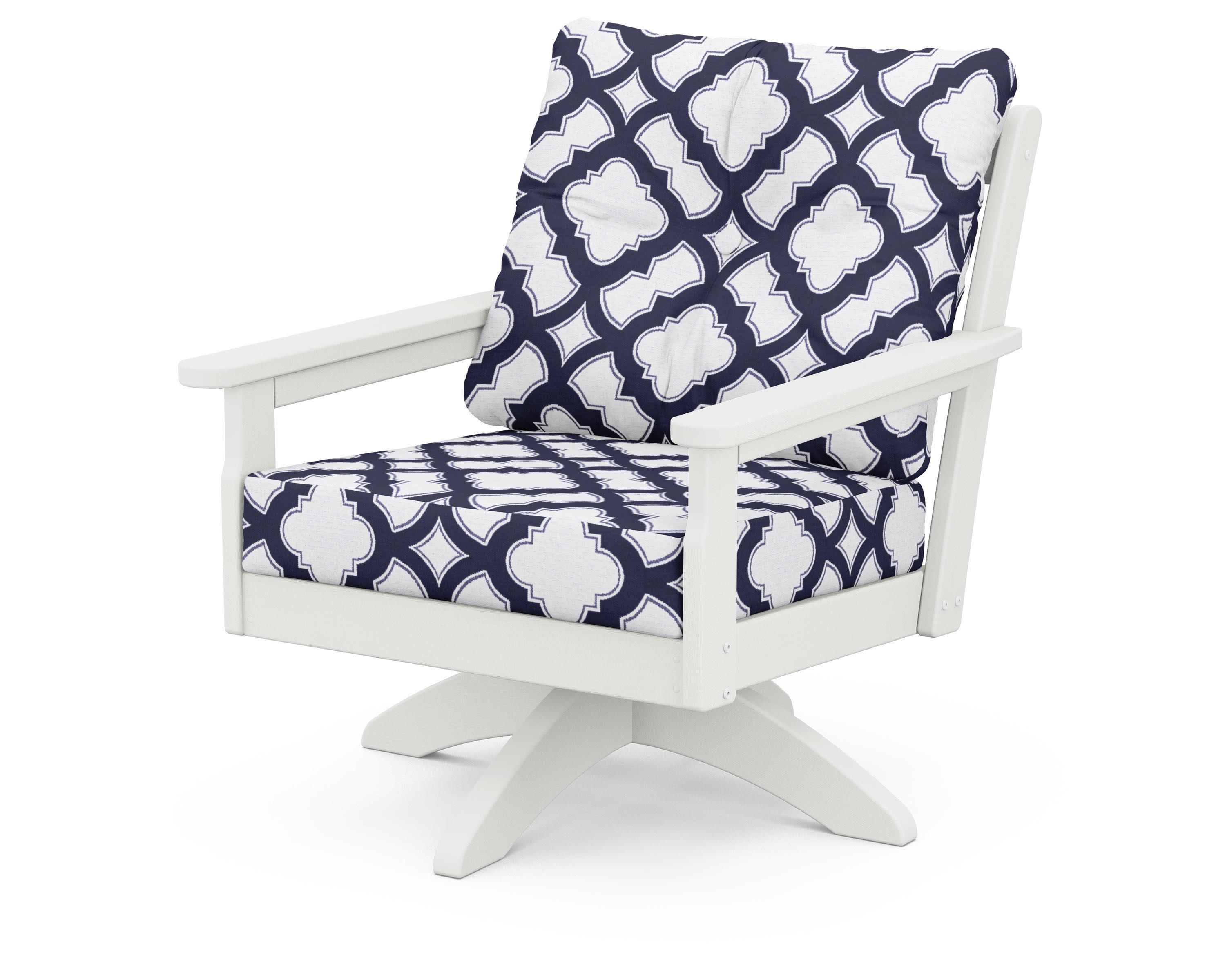 Vineyard Deep Seating Swivel Chair in Vintage White / Trellis Navy