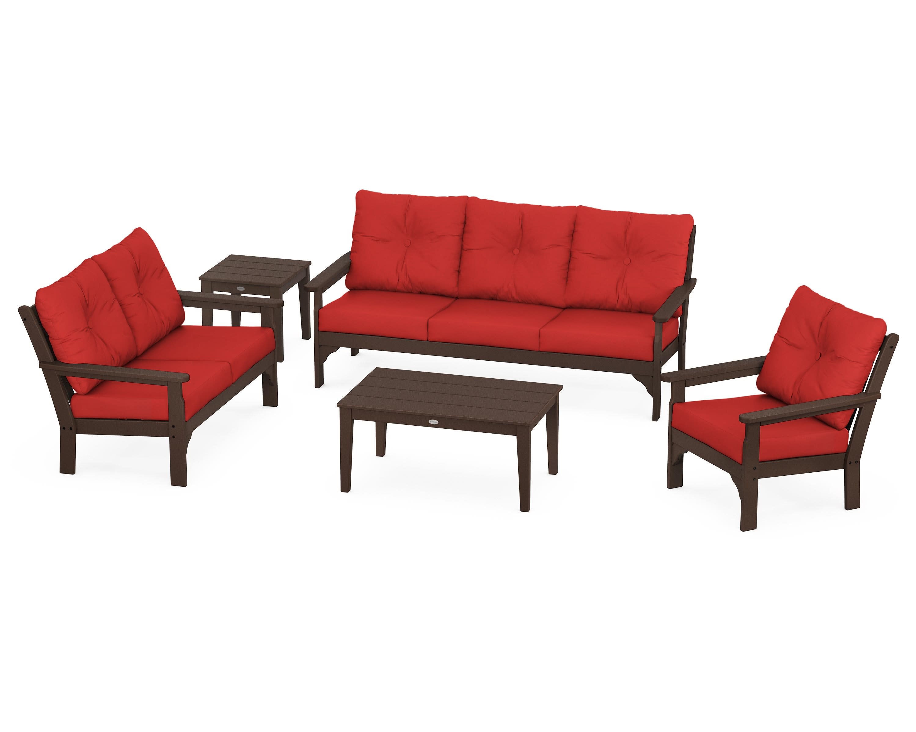 Vineyard 5 Piece Deep Seating Set in Mahogany / Crimson Linen