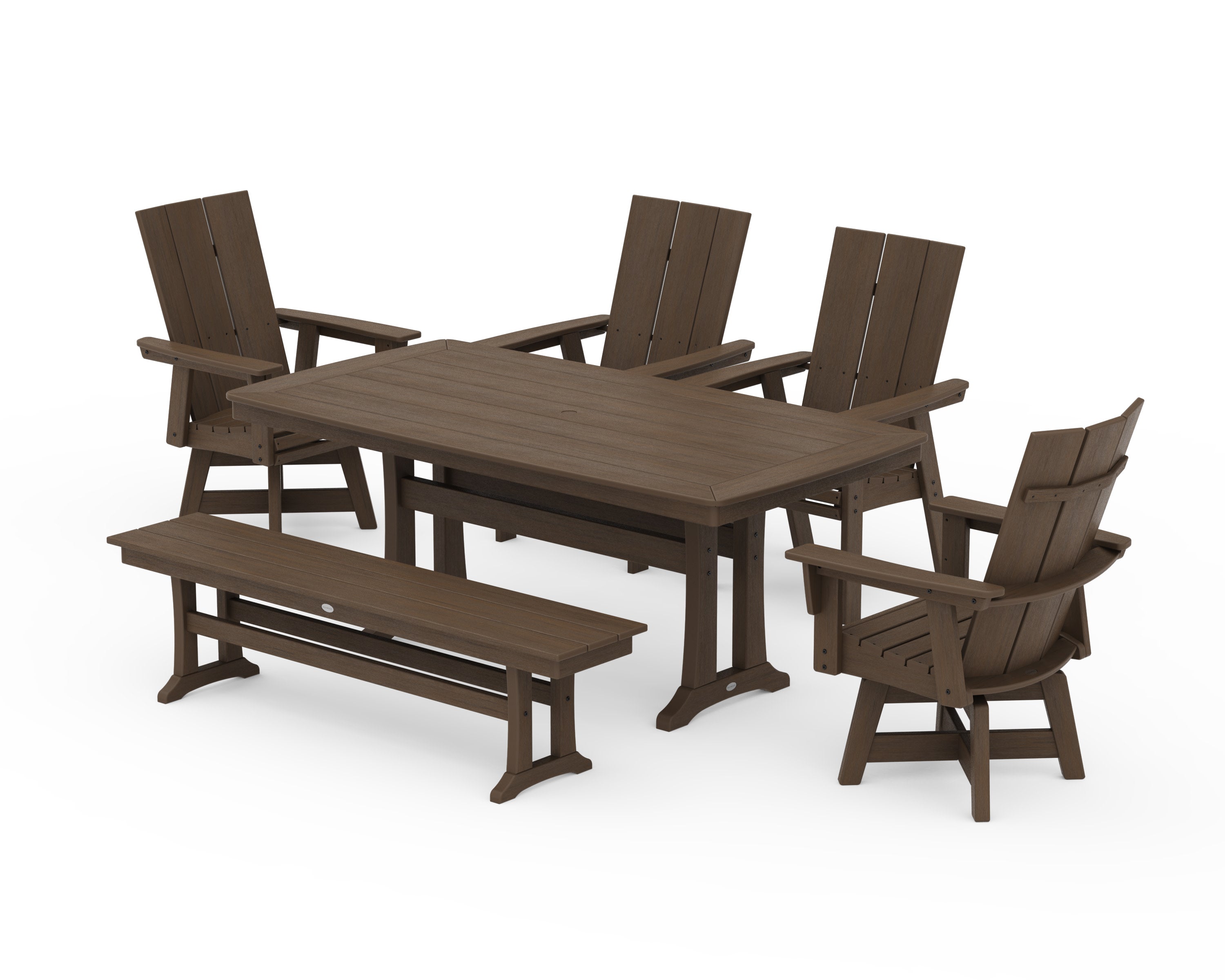 Modern Curveback Adirondack Swivel Chair 6-Piece Dining Set with Trestle Legs and Bench in Kona