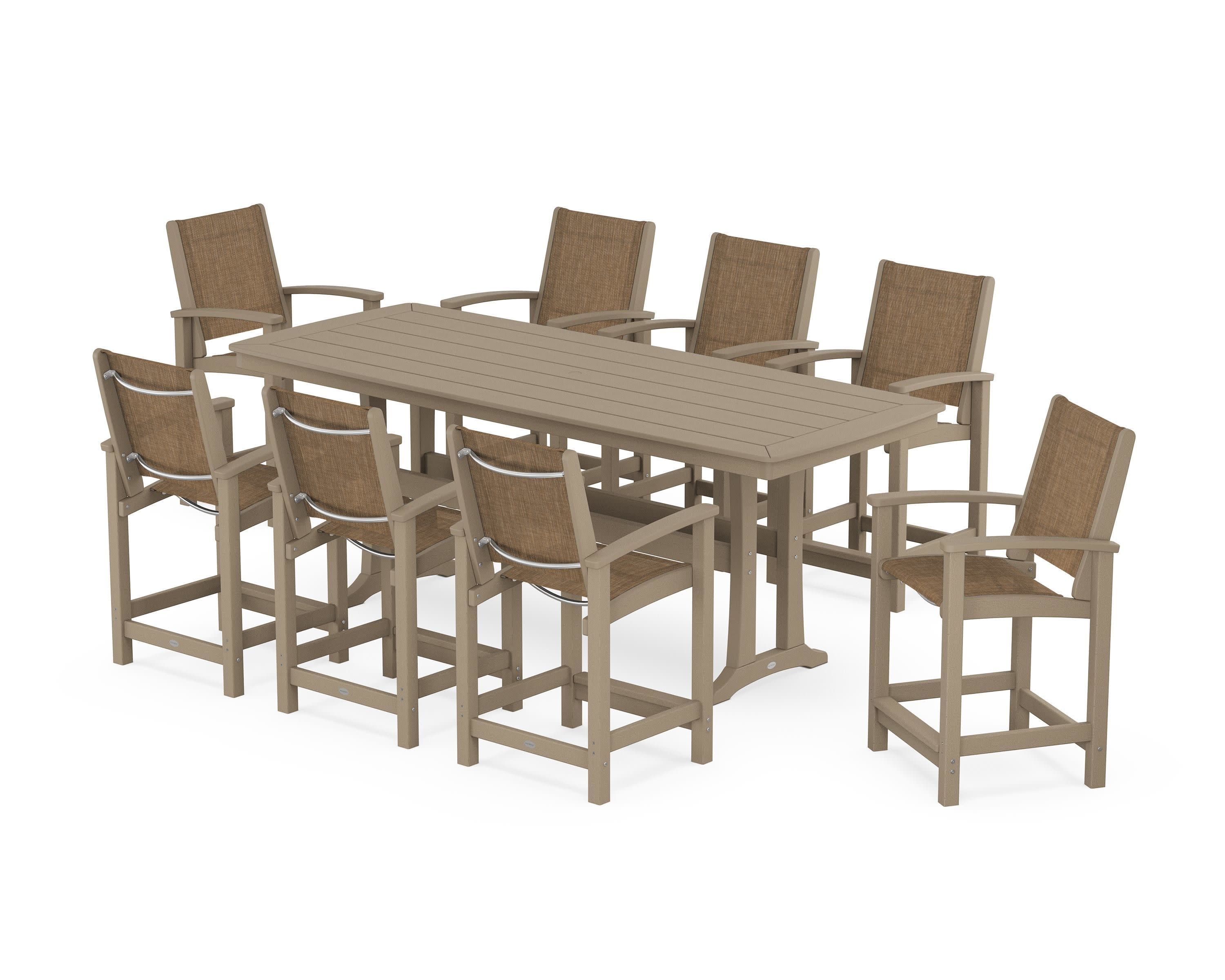 Coastal 9-Piece Counter Set with Trestle Legs in Vintage Sahara / Burlap Sling