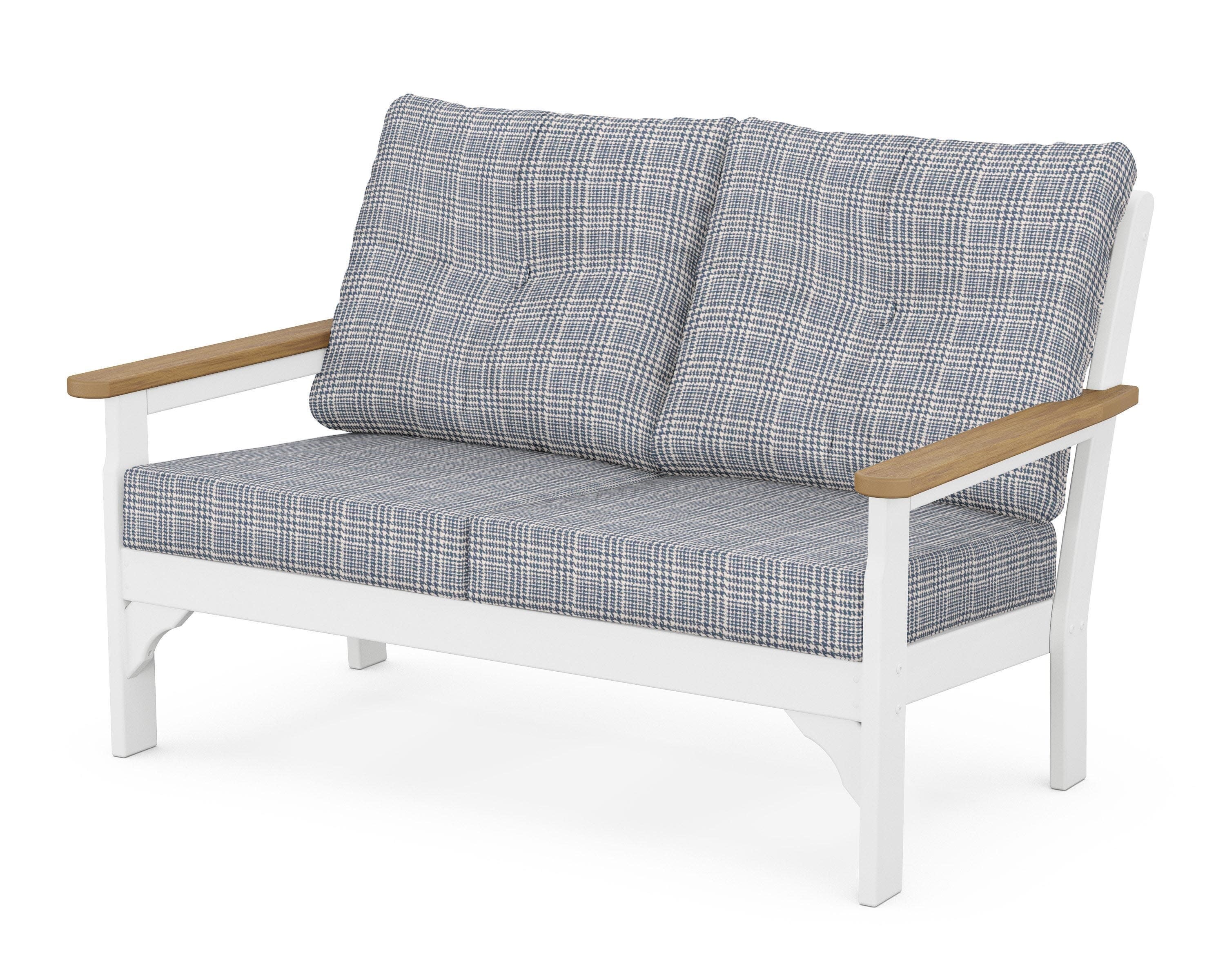 Vineyard Deep Seating Loveseat in White / Natural / Houndstooth Sky Blue