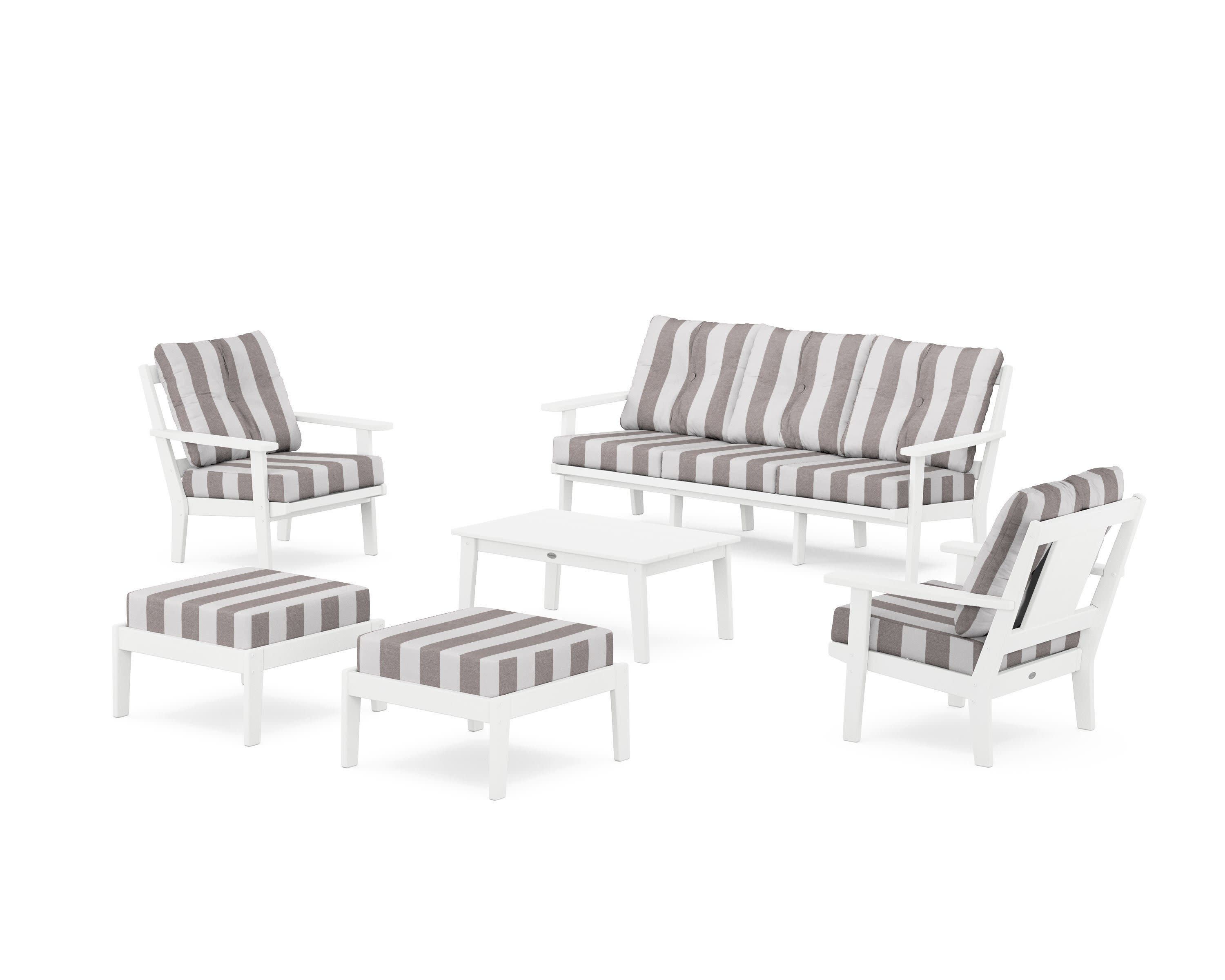 Prairie 6-Piece Lounge Sofa Set in White / Cabana Stripe Grey Mist