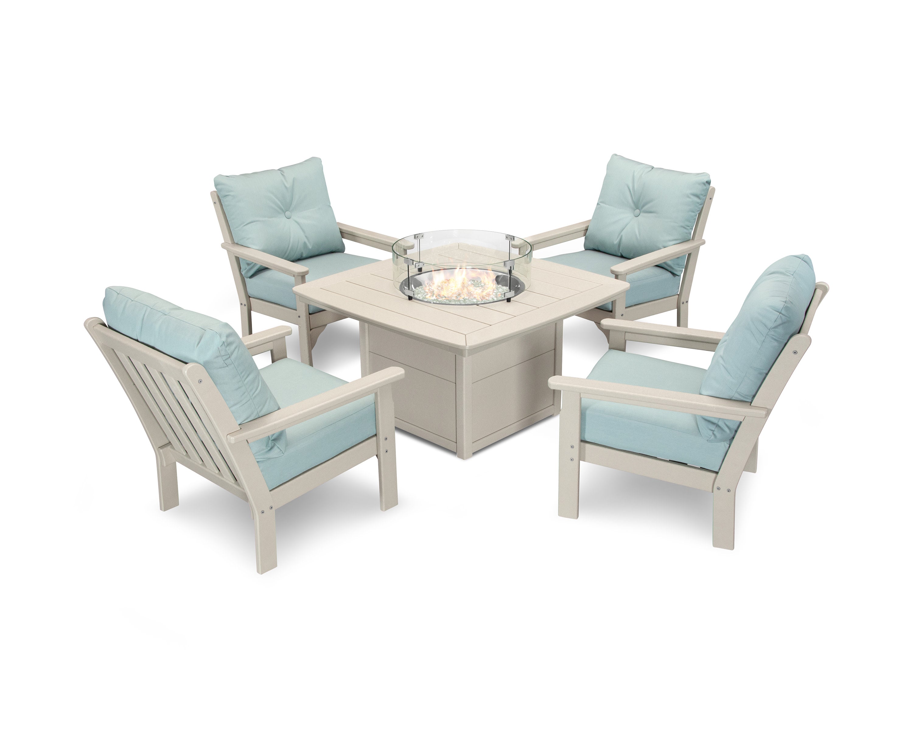 Vineyard 5-Piece Conversation Set with Fire Pit Table in Sand / Spa