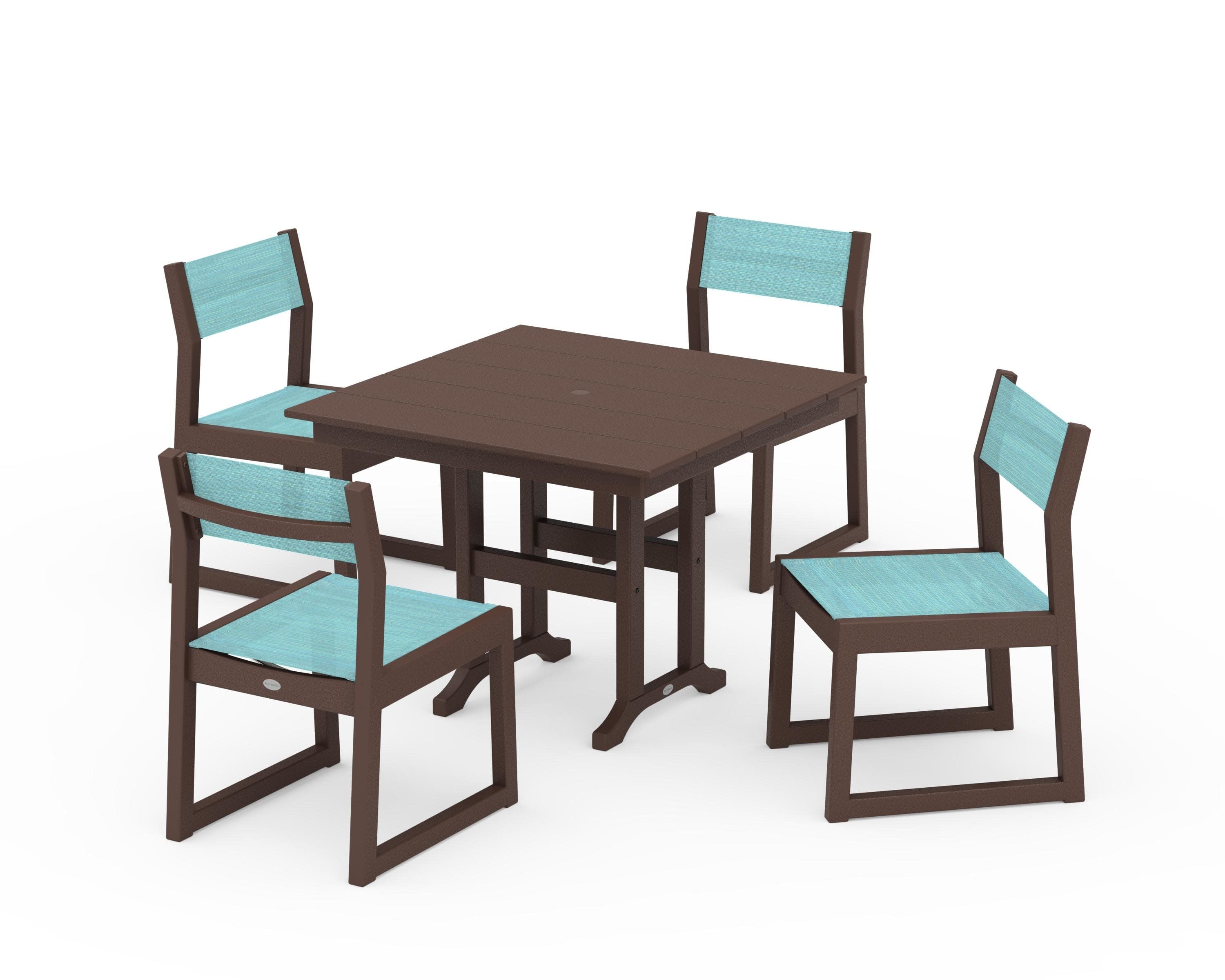 EDGE Sling Side Chair 5-Piece Farmhouse Dining Set in Mahogany / Dupioni Aquamarine Sling