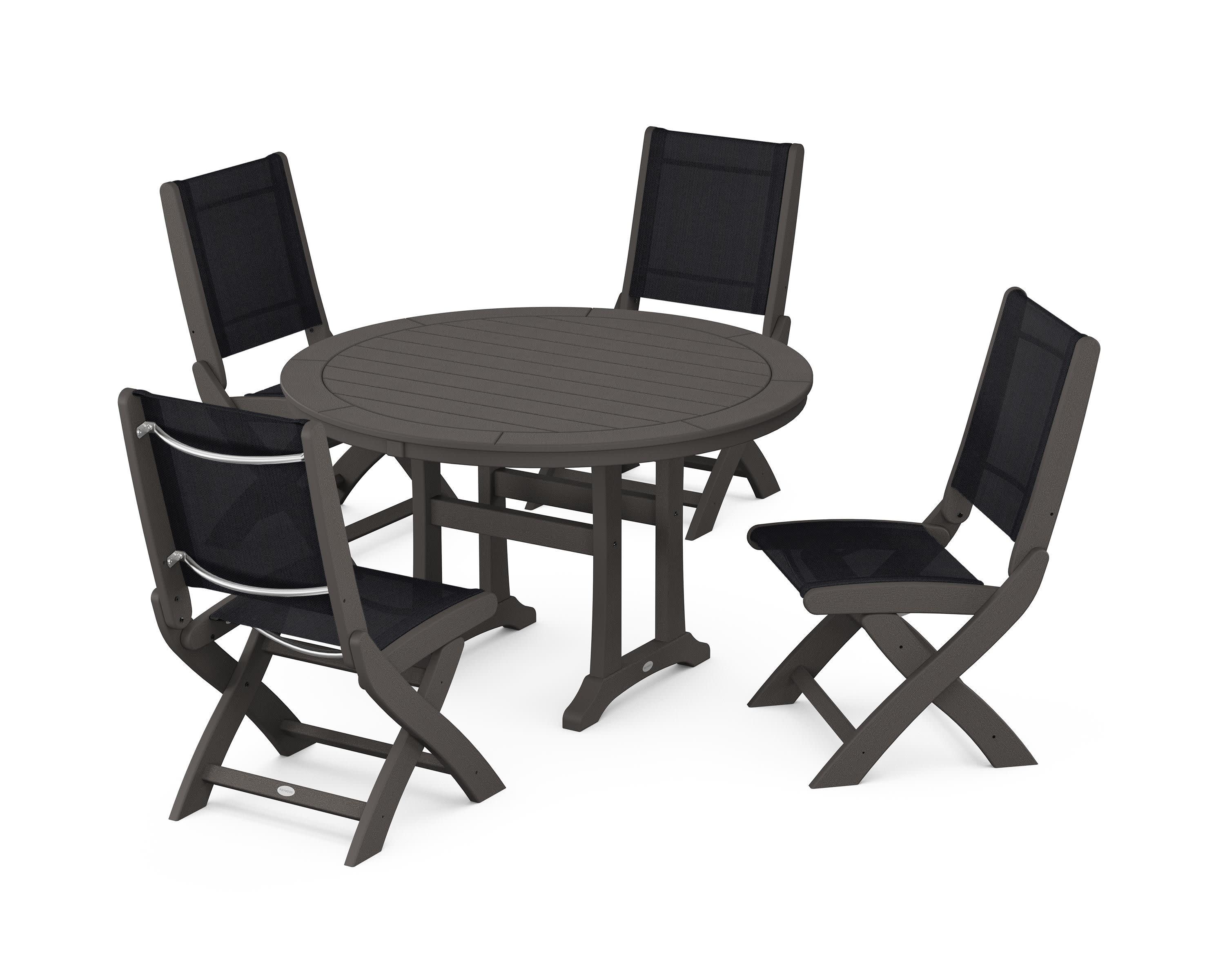 Coastal Folding Side Chair 5-Piece Round Dining Set With Trestle Legs in Vintage Coffee / Black Sling
