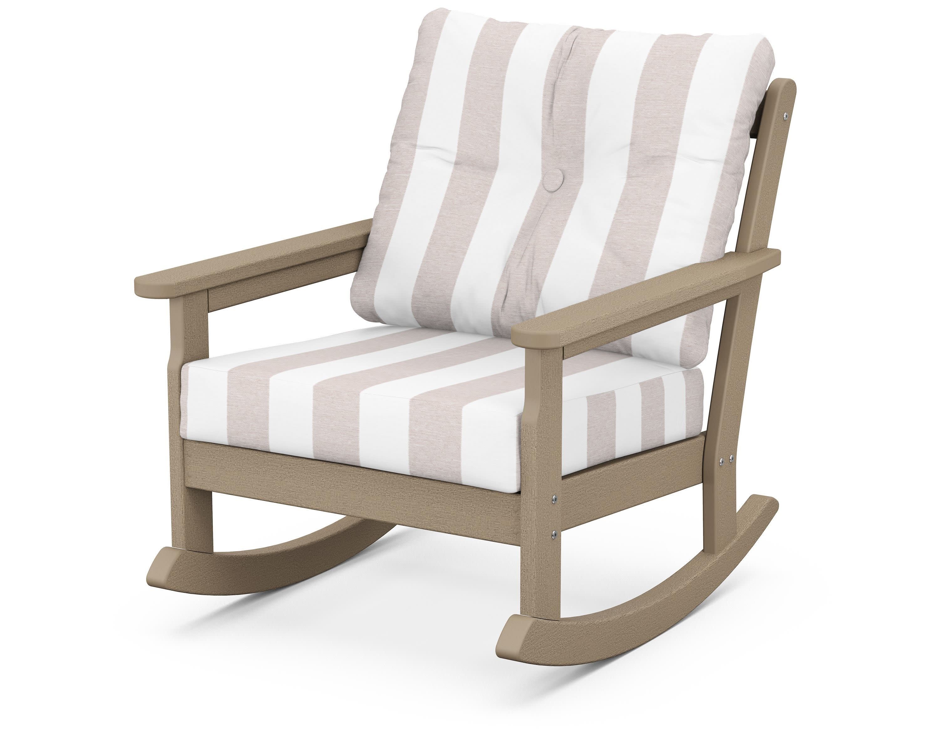 Vineyard Deep Seating Rocking Chair in Vintage Sahara / Cabana Stripe Dune Burlap