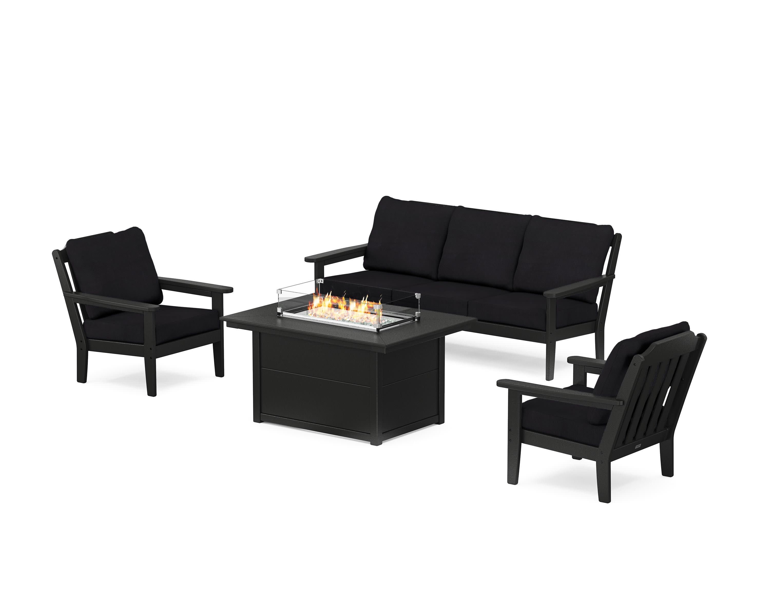 Cottage Deep Seating Fire Pit Table Set in Black / Midnight Linen