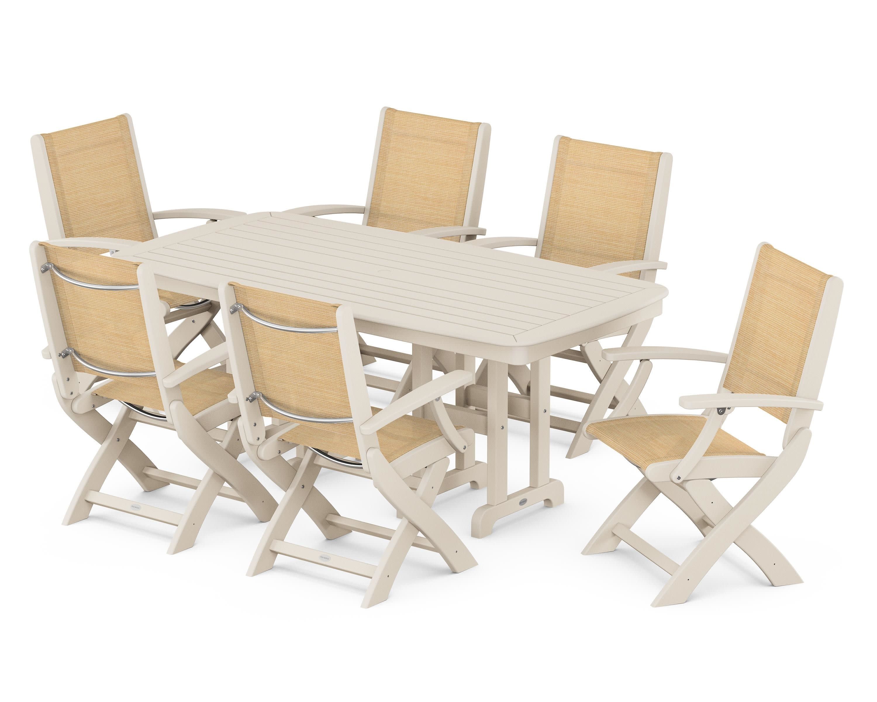 Coastal Folding Arm Chair 7-Piece Dining Set in Sand / Dupioni Apricot Sling