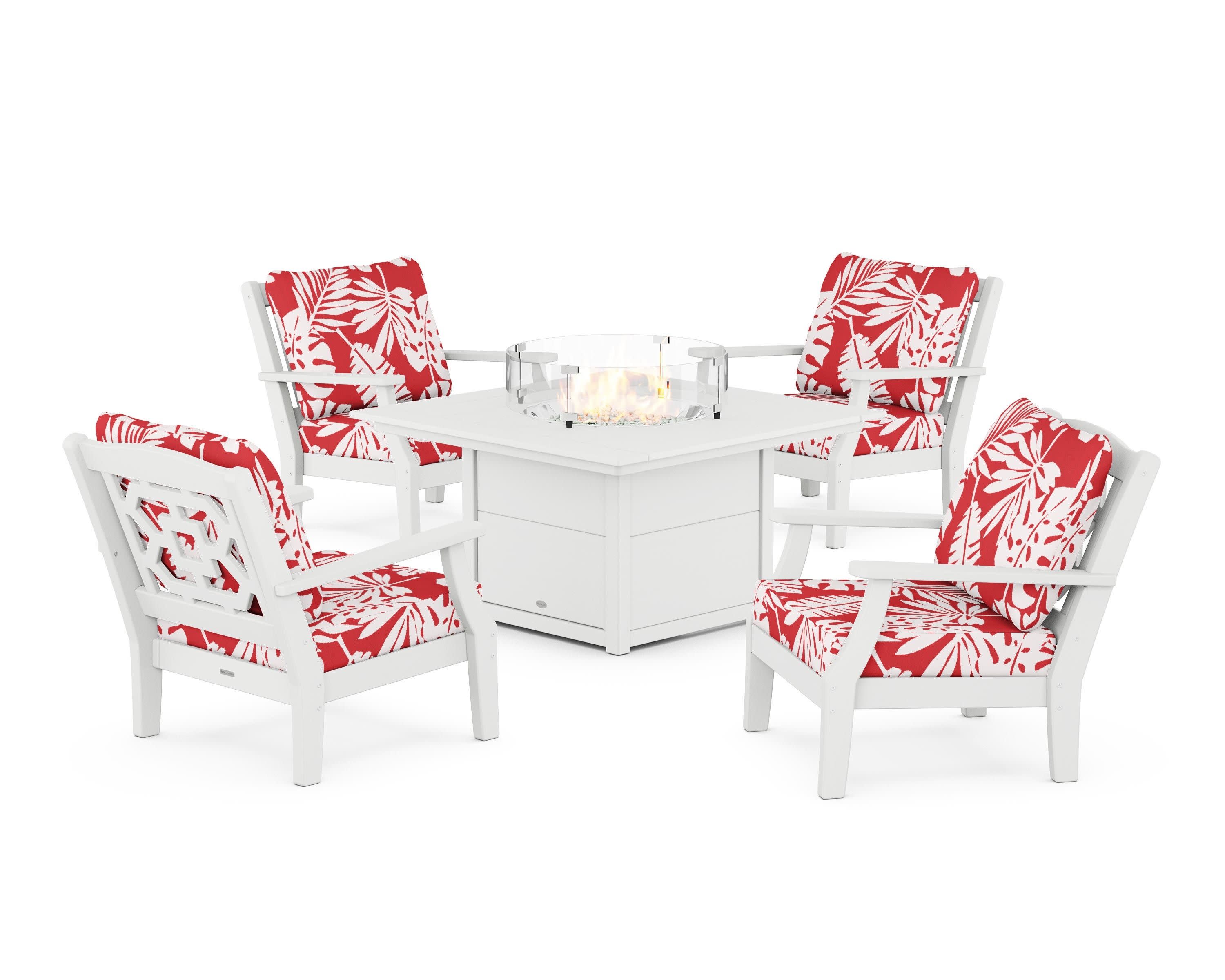 Chinoiserie 5-Piece Deep Seating Set with Fire Pit Table in White / Leaf Crimson