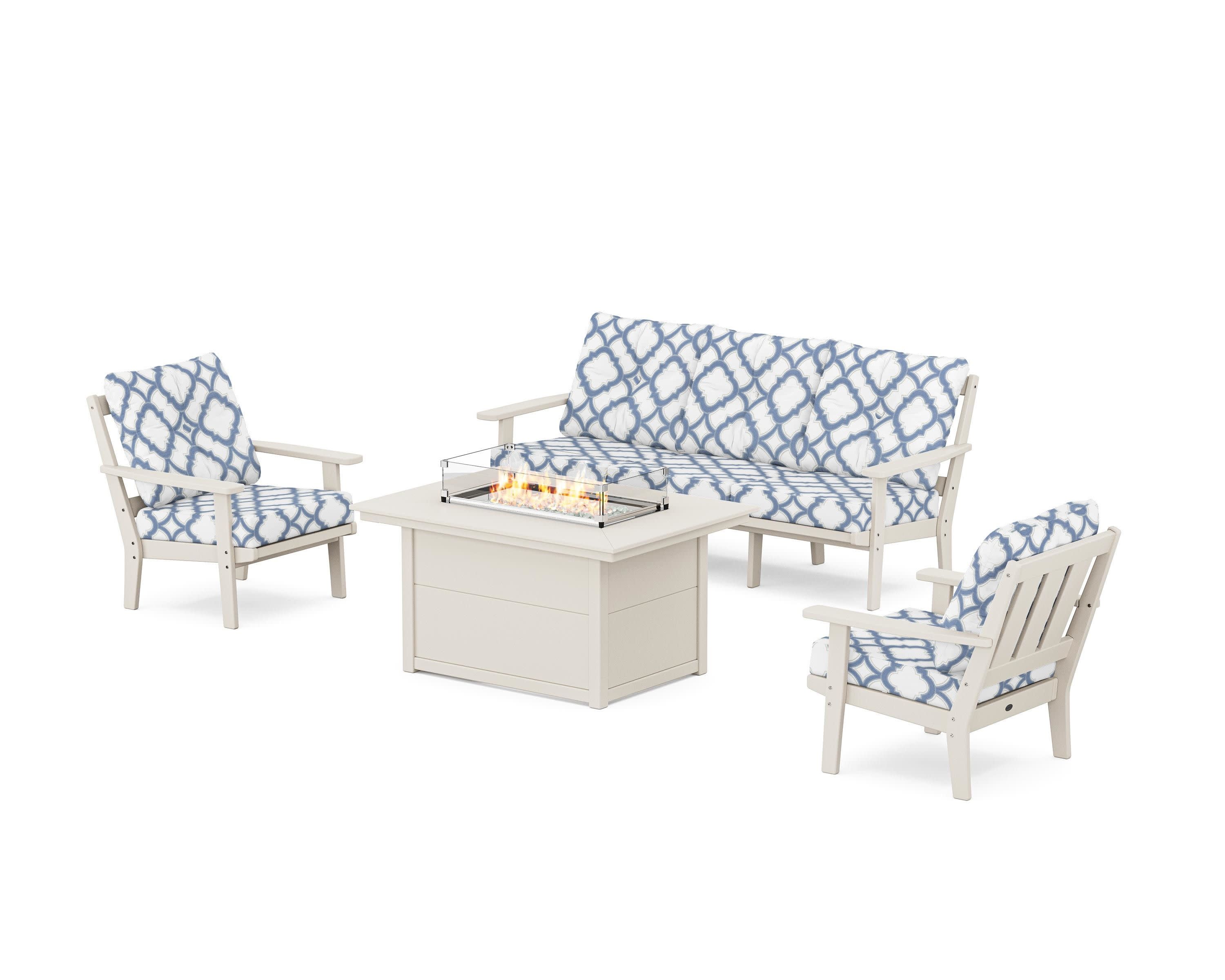 Oxford Deep Seating Fire Pit Table Set in Sand / Trellis Sky Blue