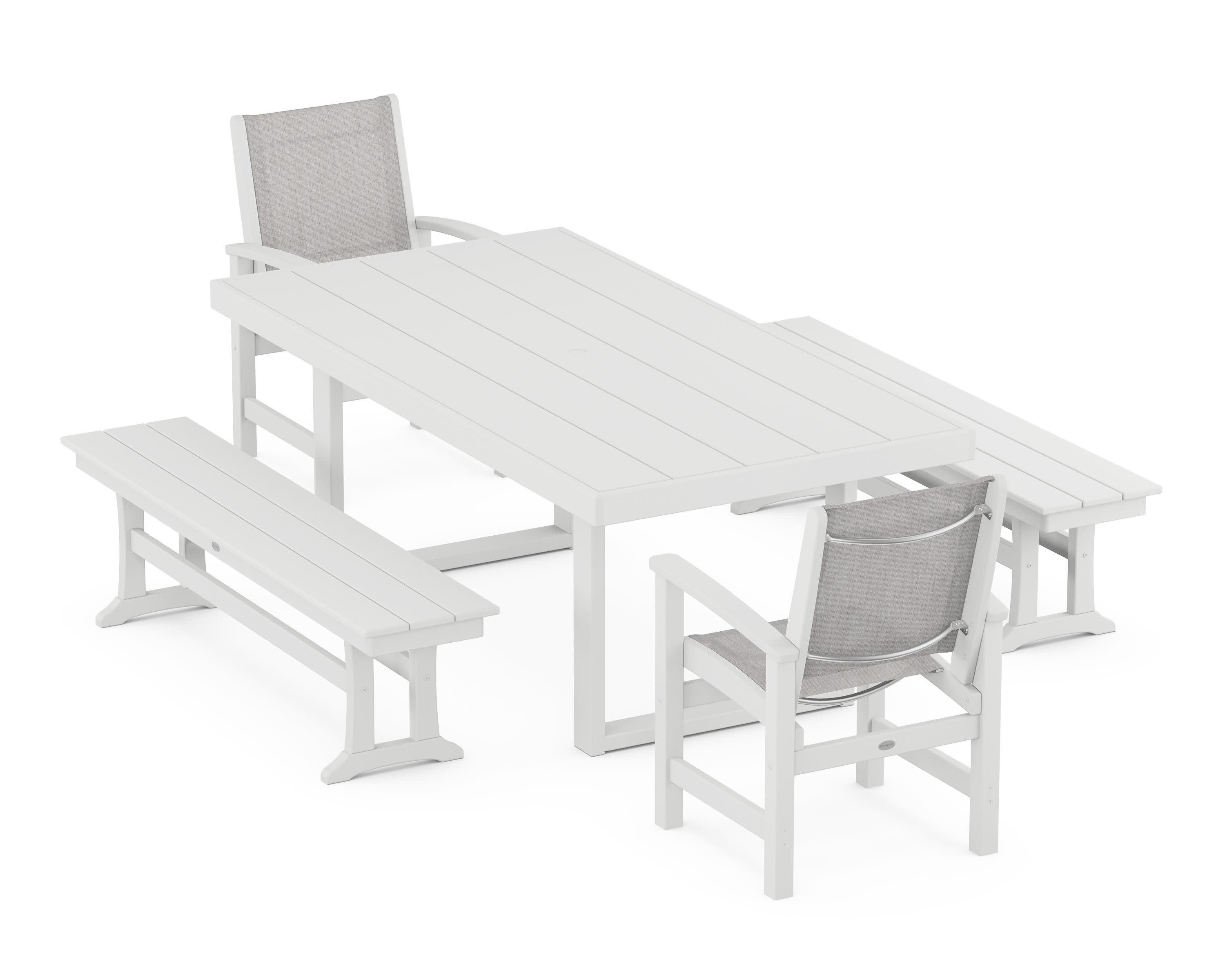 Coastal 5-Piece Dining Set with Trestle Legs in White / Parchment Sling