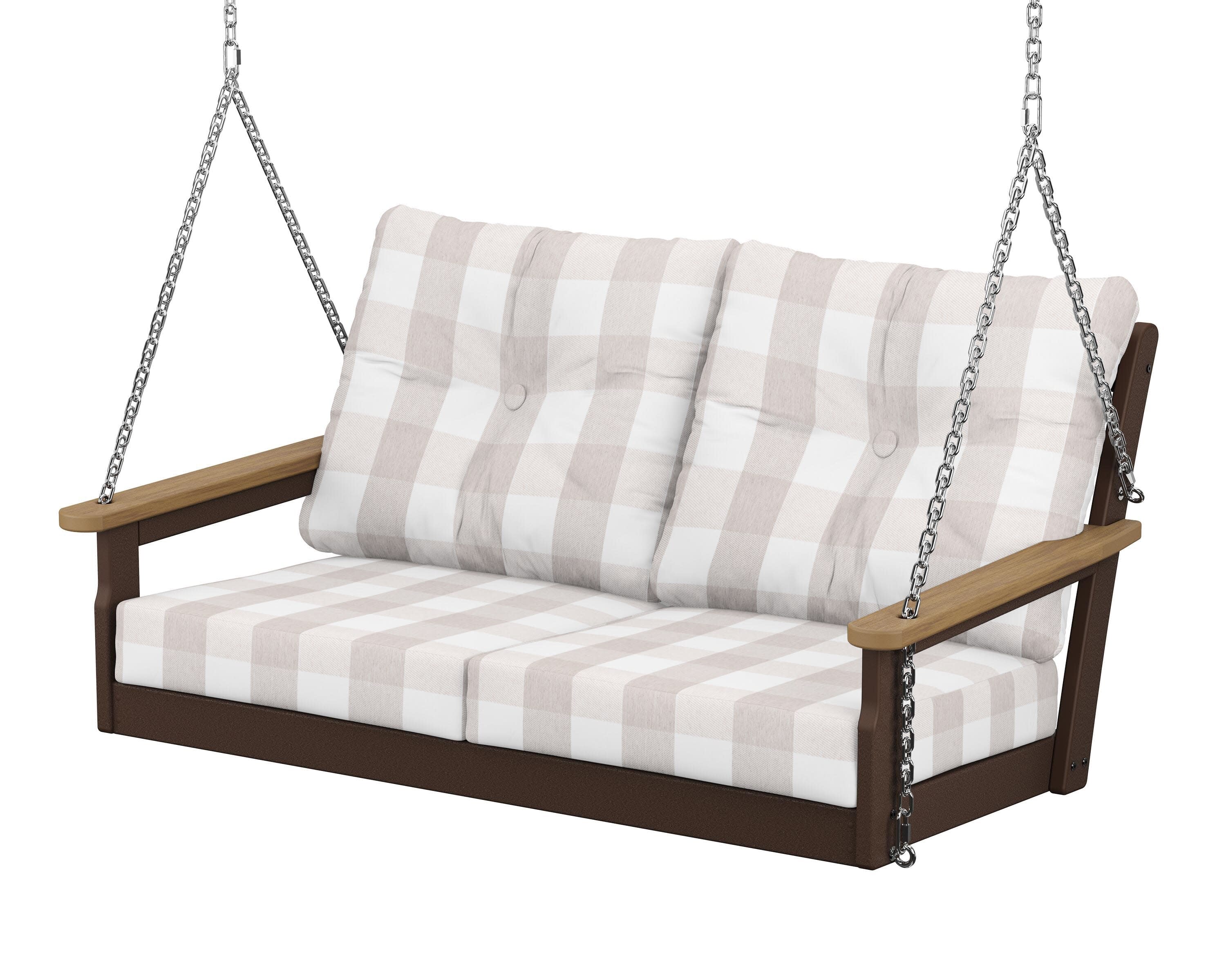 Vineyard Deep Seating Swing in Mahogany / Natural / Buffalo Plaid Dune Burlap